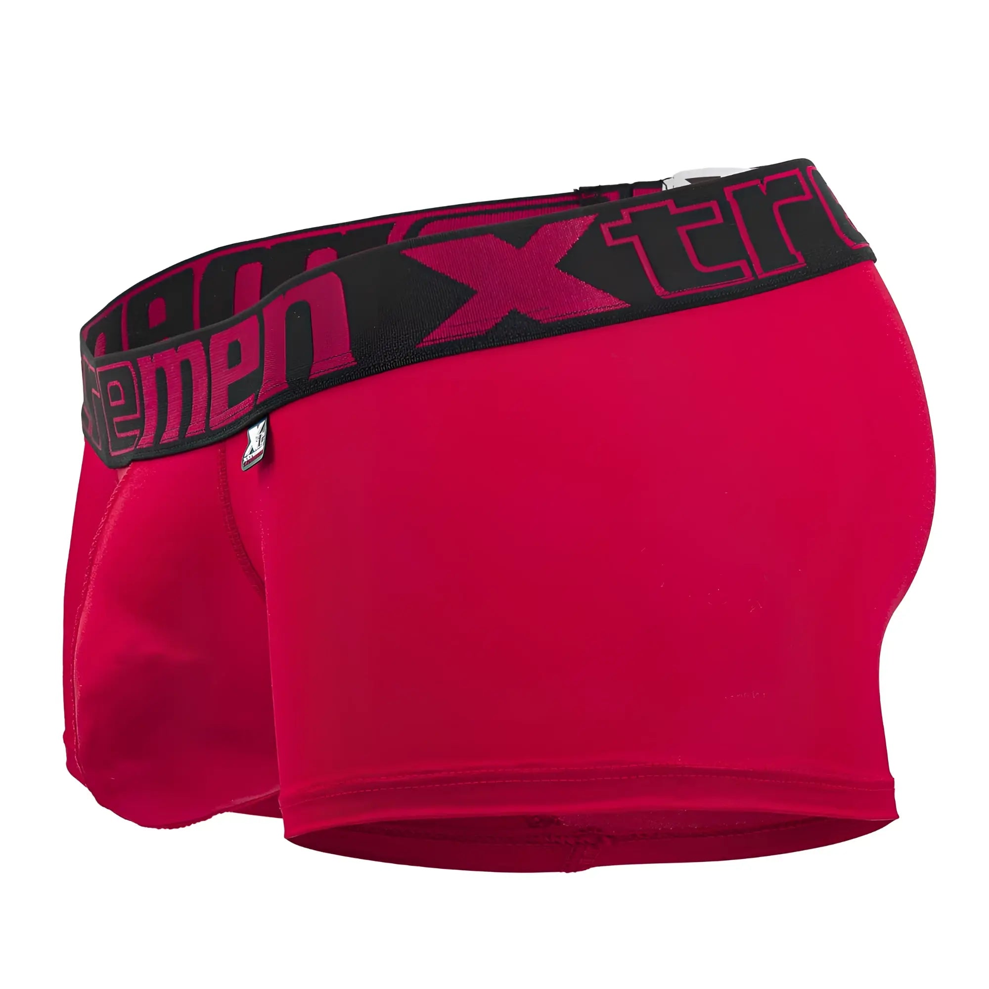 Red xtremen 91202 microfiber men’s boxer briefs in cherry with black waistband and pink xtreme branding