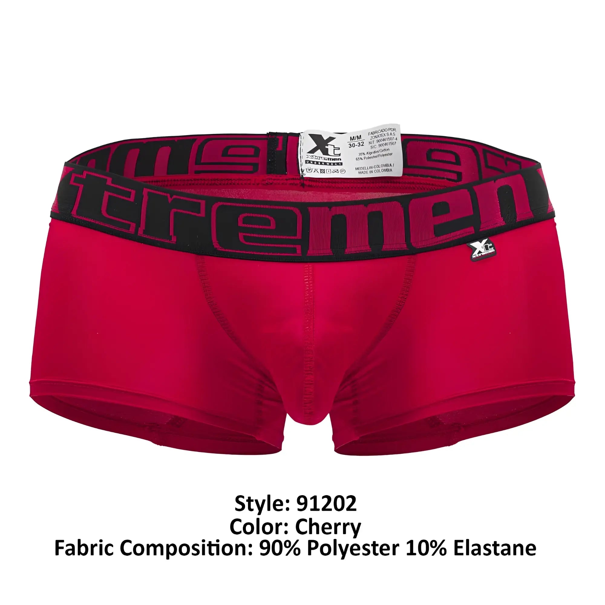 Xtremen 91202 microfiber cherry red men’s boxer briefs with black waistband and pink tremen logo