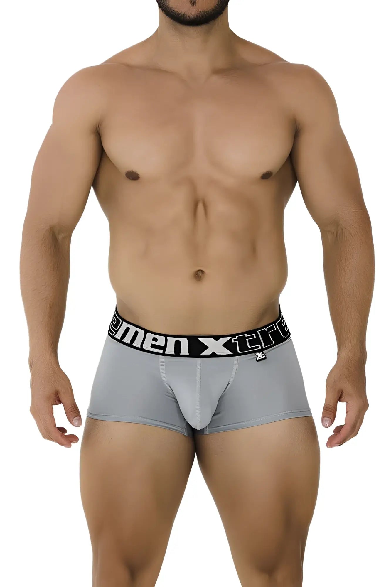 Gray xtremen 91202 microfiber boxer briefs with black elastic waistband and white xtreme logo lettering