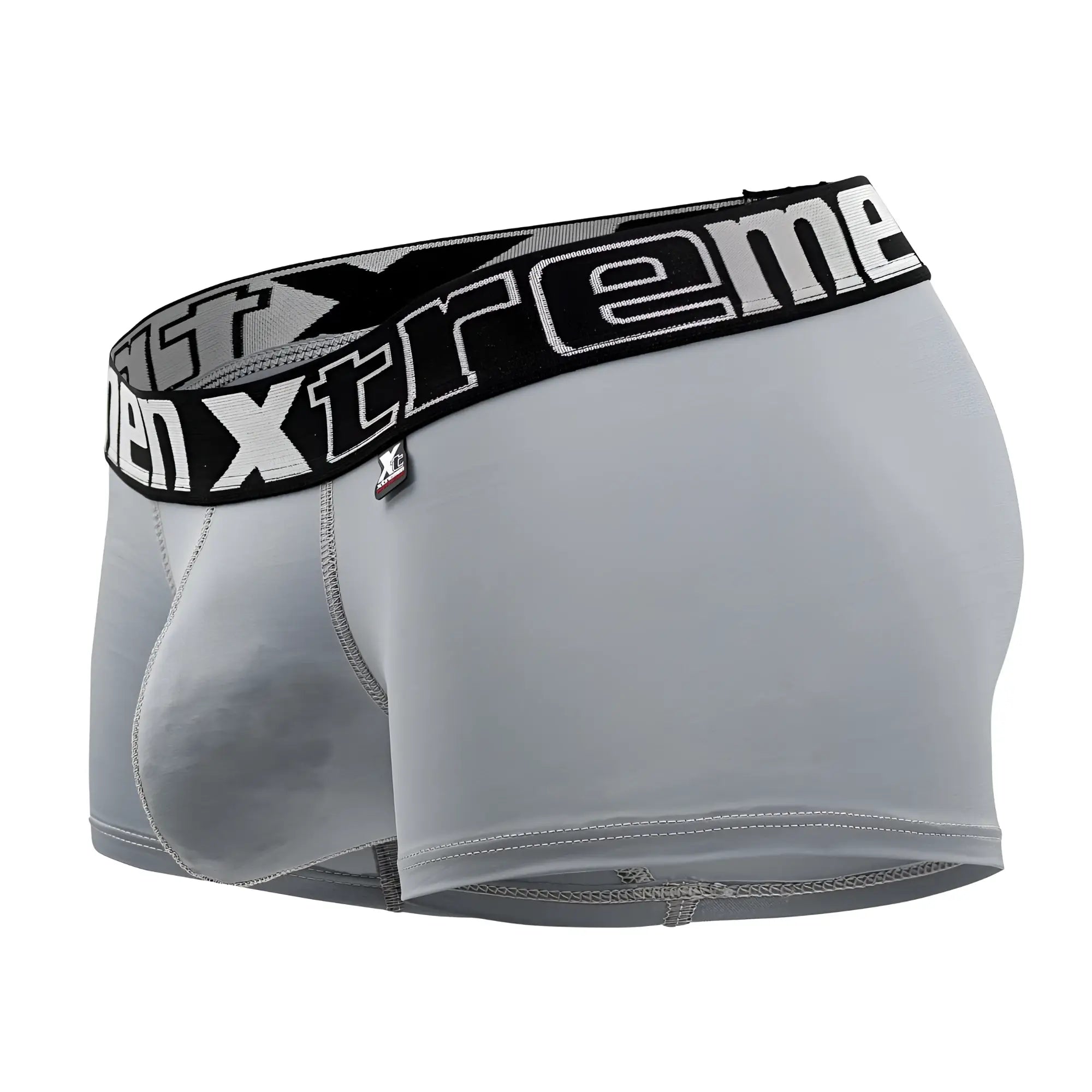 Gray xtremen 91202 microfiber boxer briefs with black waistband featuring white xtreme branding and logo tag