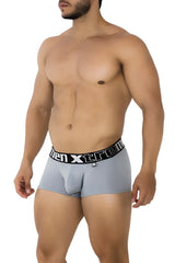 Gray men’s microfiber boxer briefs with black elastic waistband featuring men xtreme logo for comfortable wear