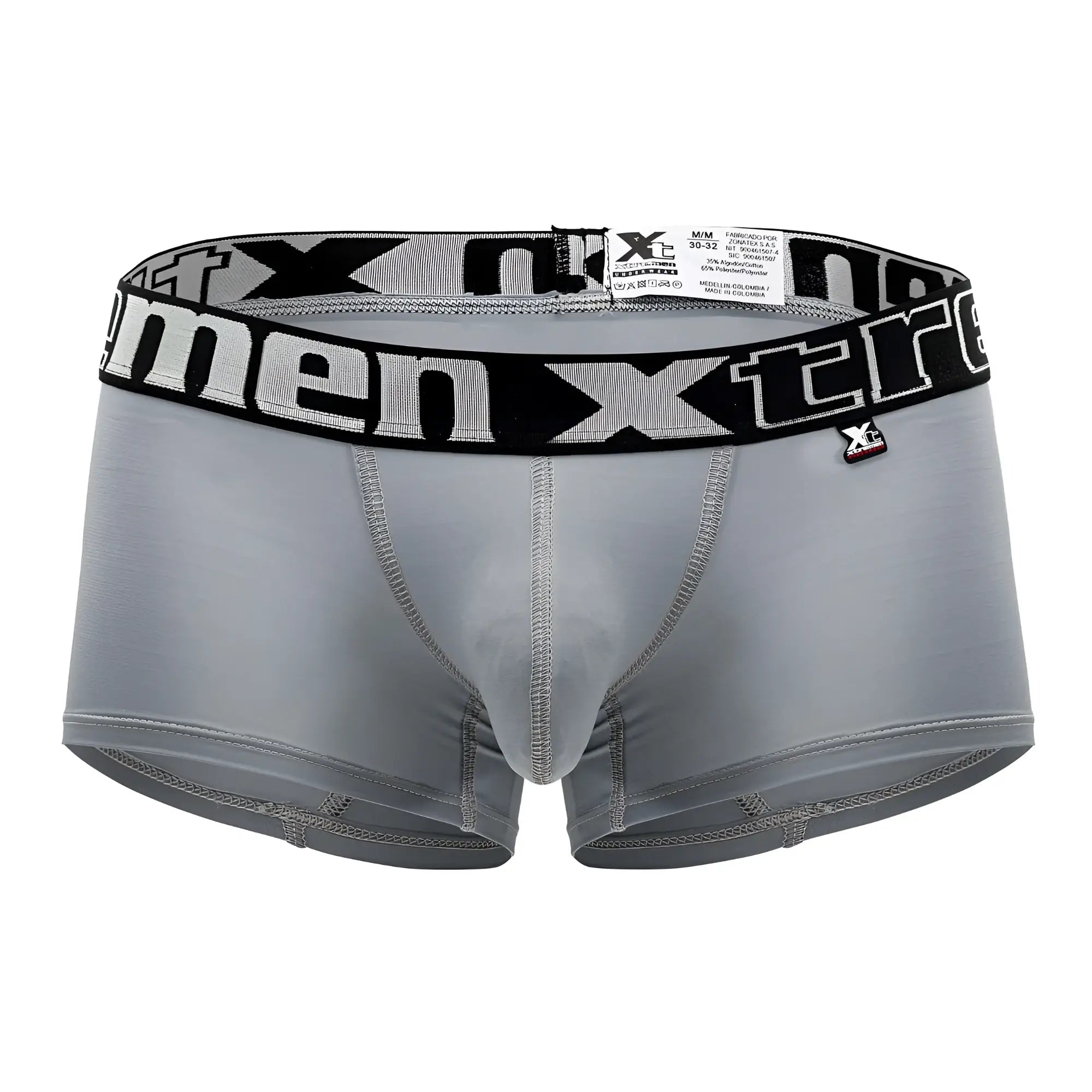 Gray xtremen 91202 microfiber men’s boxer briefs with black elastic waistband and white xtreme lettering