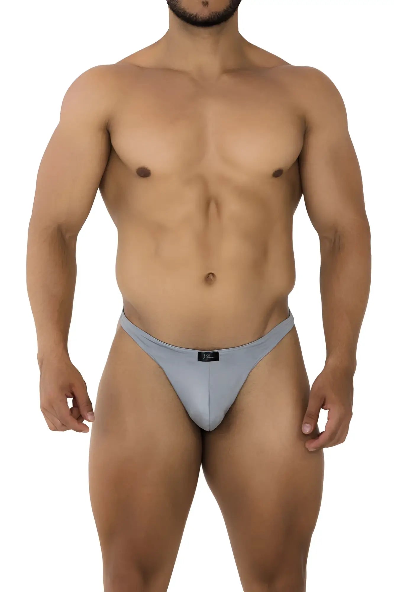 Gray xtremen 91203 microfiber thongs with sleek fit and black brand tag at waistband