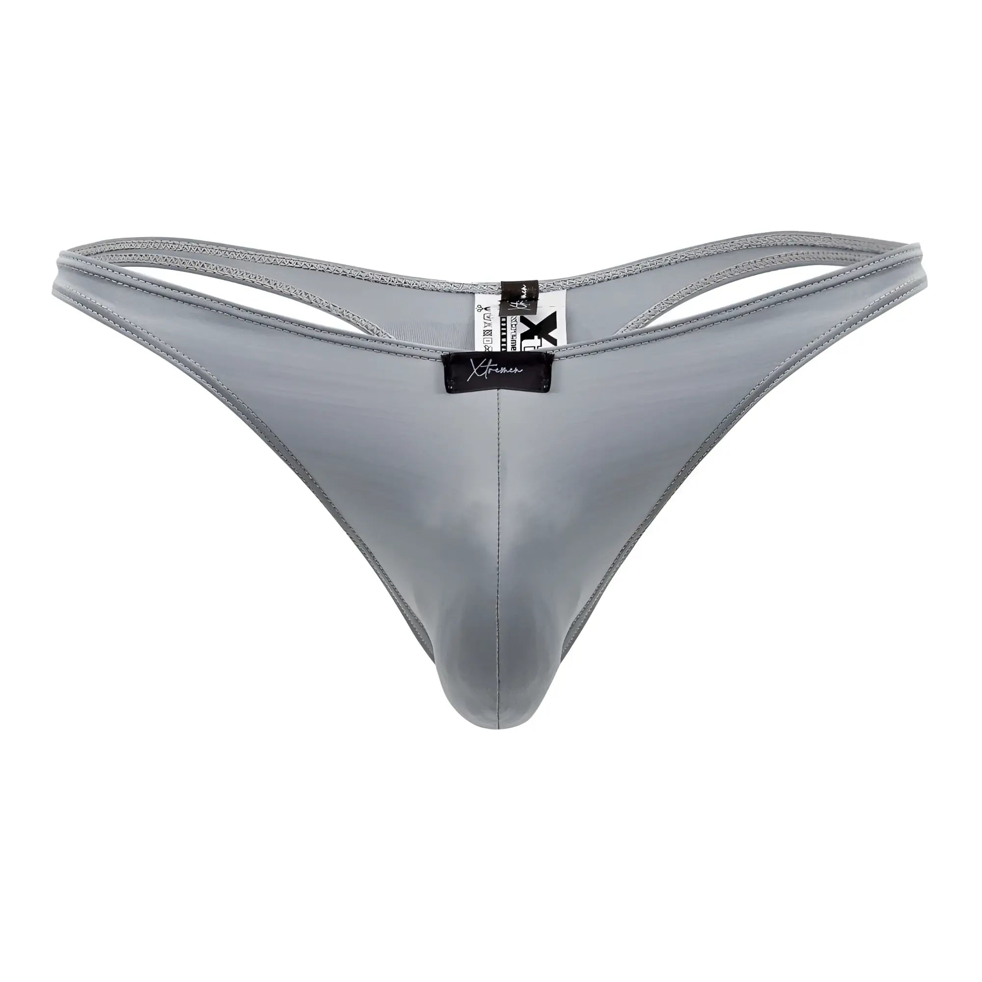Gray shiny nylon xtremen 91203 microfiber thong with black brand tag visible on front side