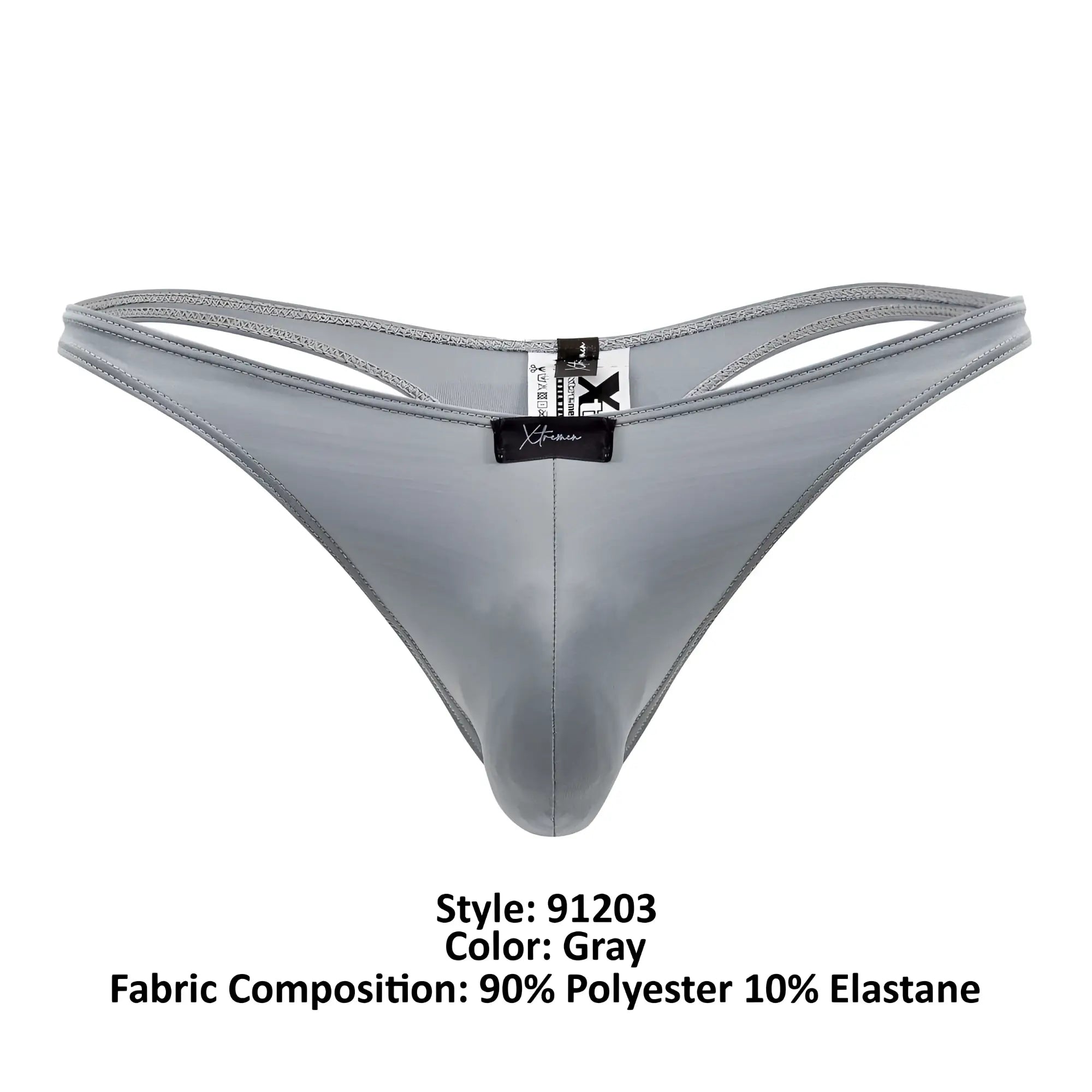 Gray xtremen 91203 microfiber thong showing back side made of 90 percent polyester and 10 percent elastane with smooth texture