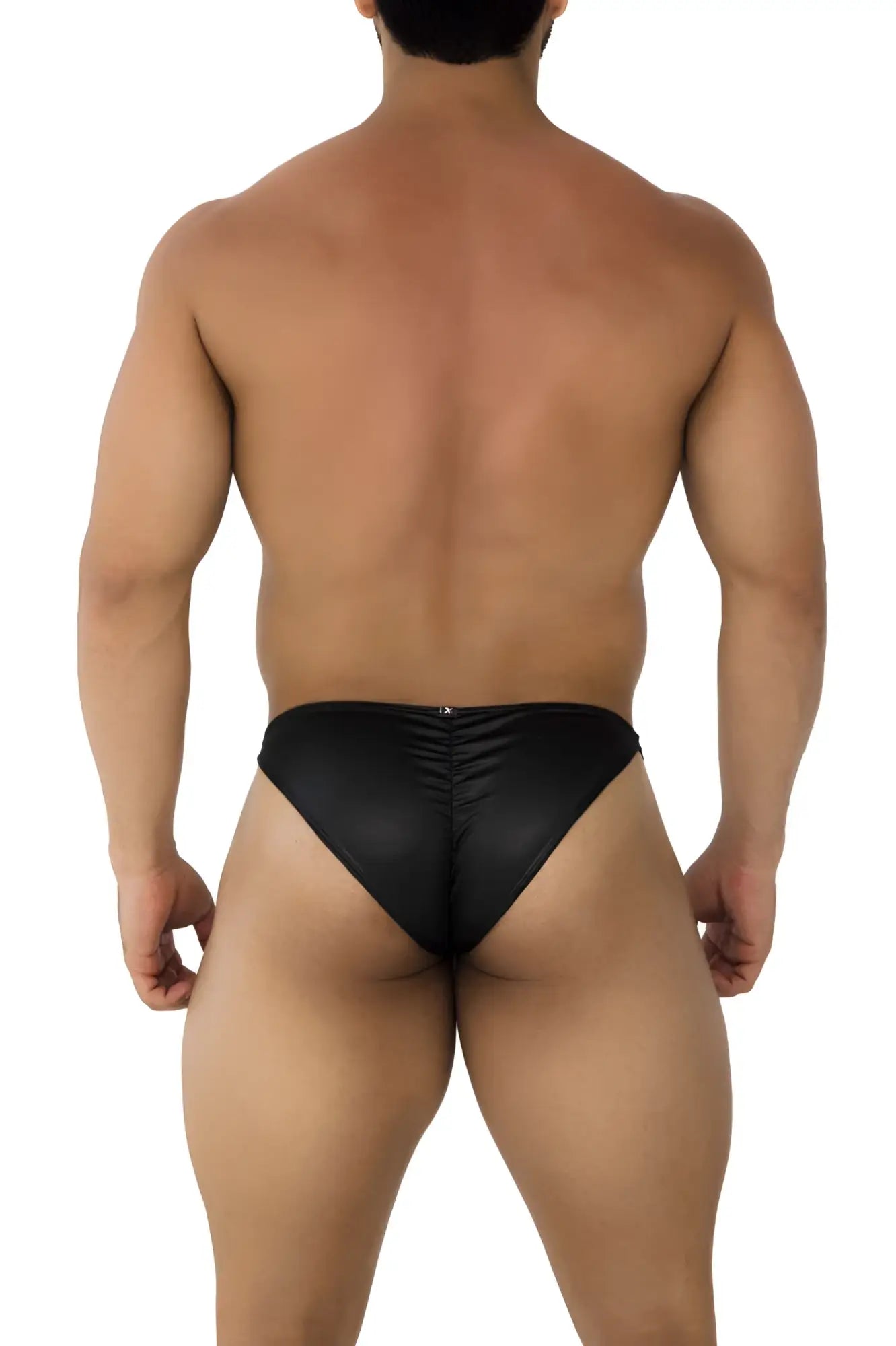 Black satin-like microfiber briefs with ruched back design shown from the back xtremen 91204 micro bikini