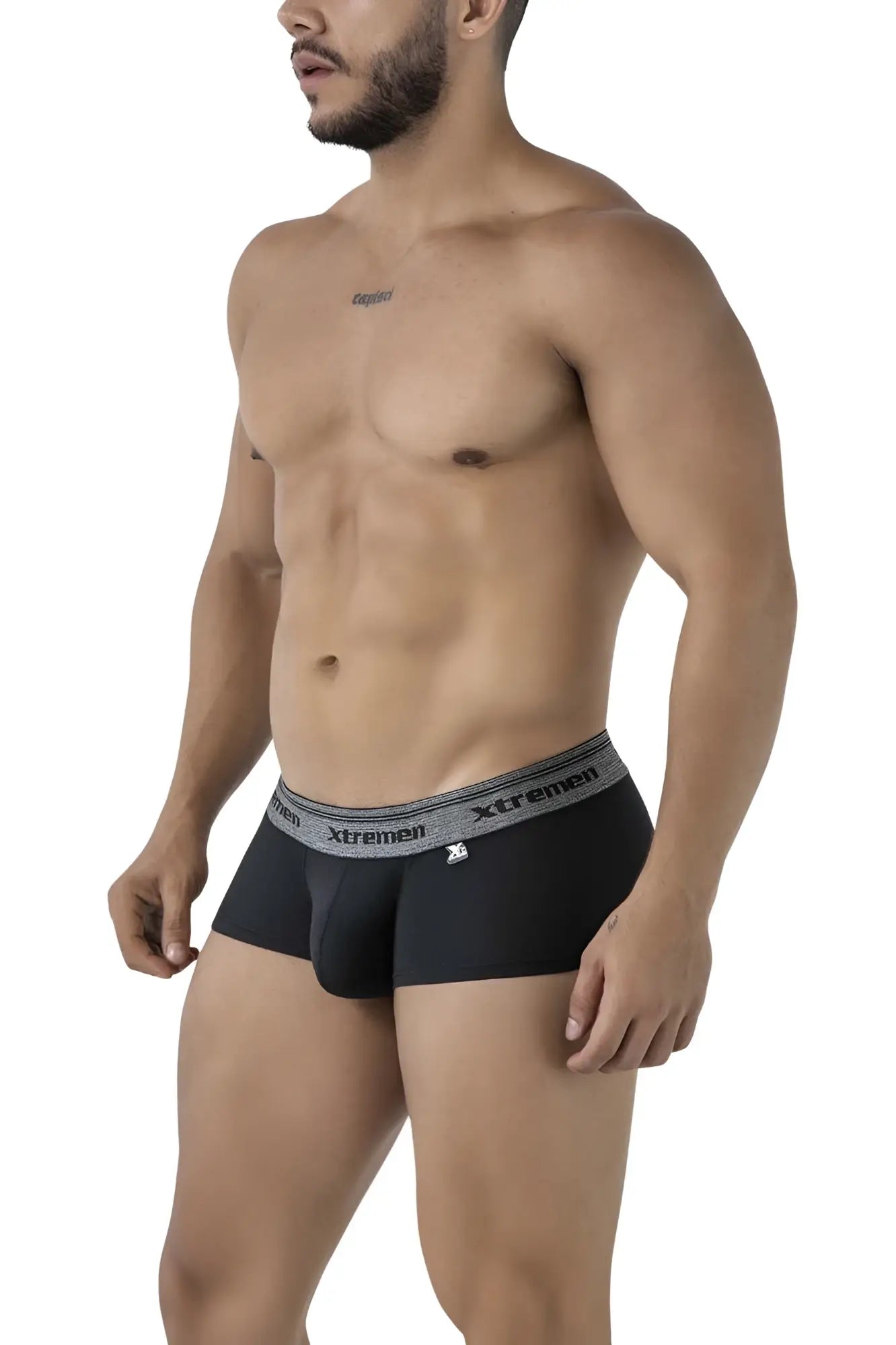 Black xtremen 91205b cotton blend men’s briefs with gray elastic waistband featuring xtremen logo and white emblem