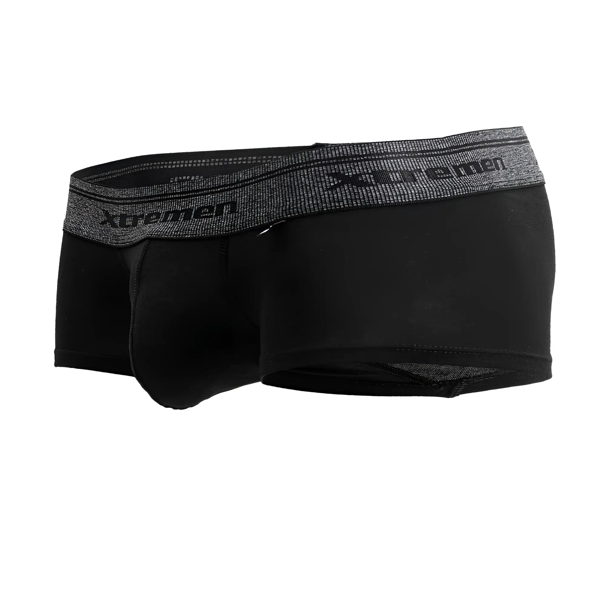 Black men’s cotton blend boxer briefs in black with a gray textured waistband featuring the Xtremen logo