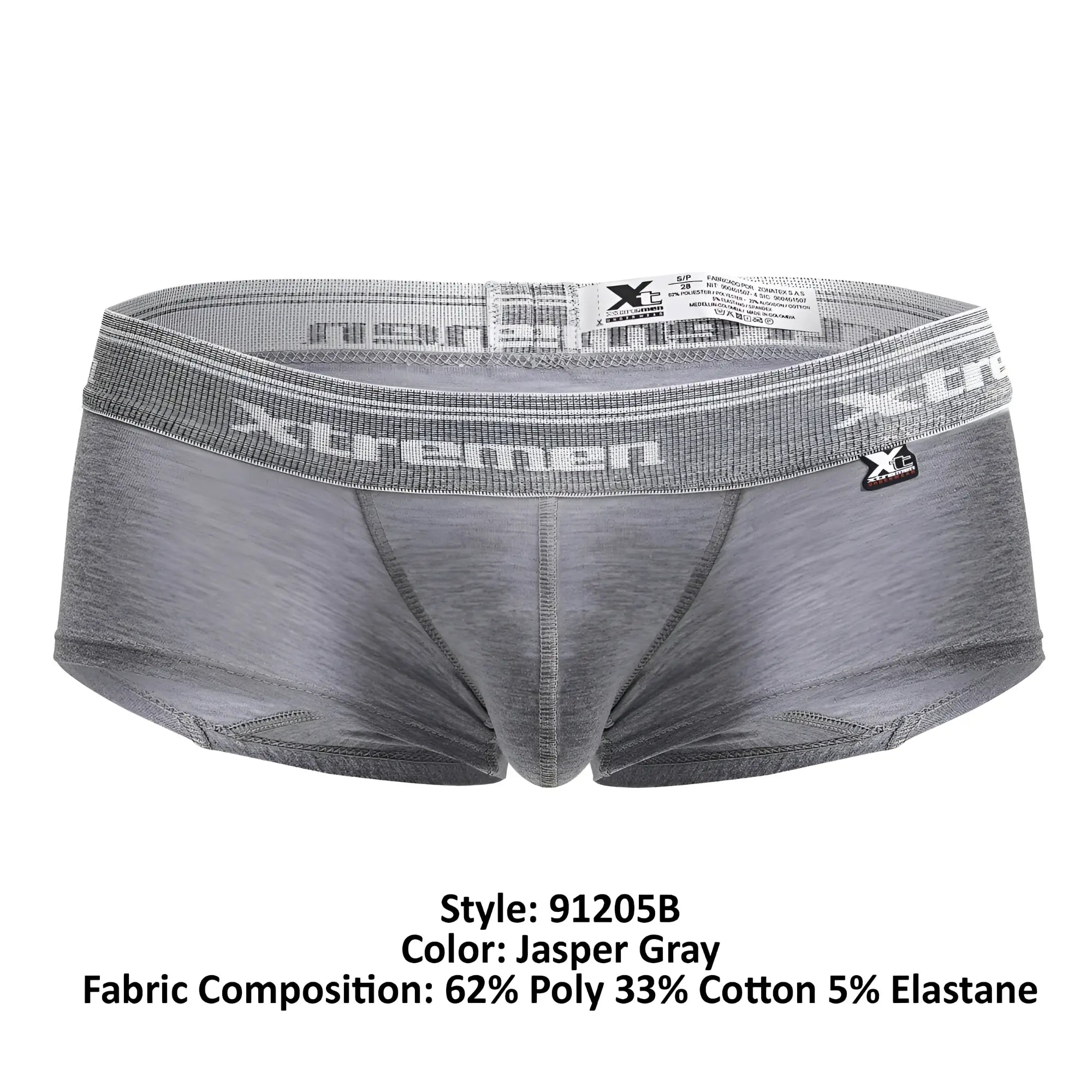 Gray jasper cotton blend men’s briefs with textured waistband featuring xtremen logo and brand tag