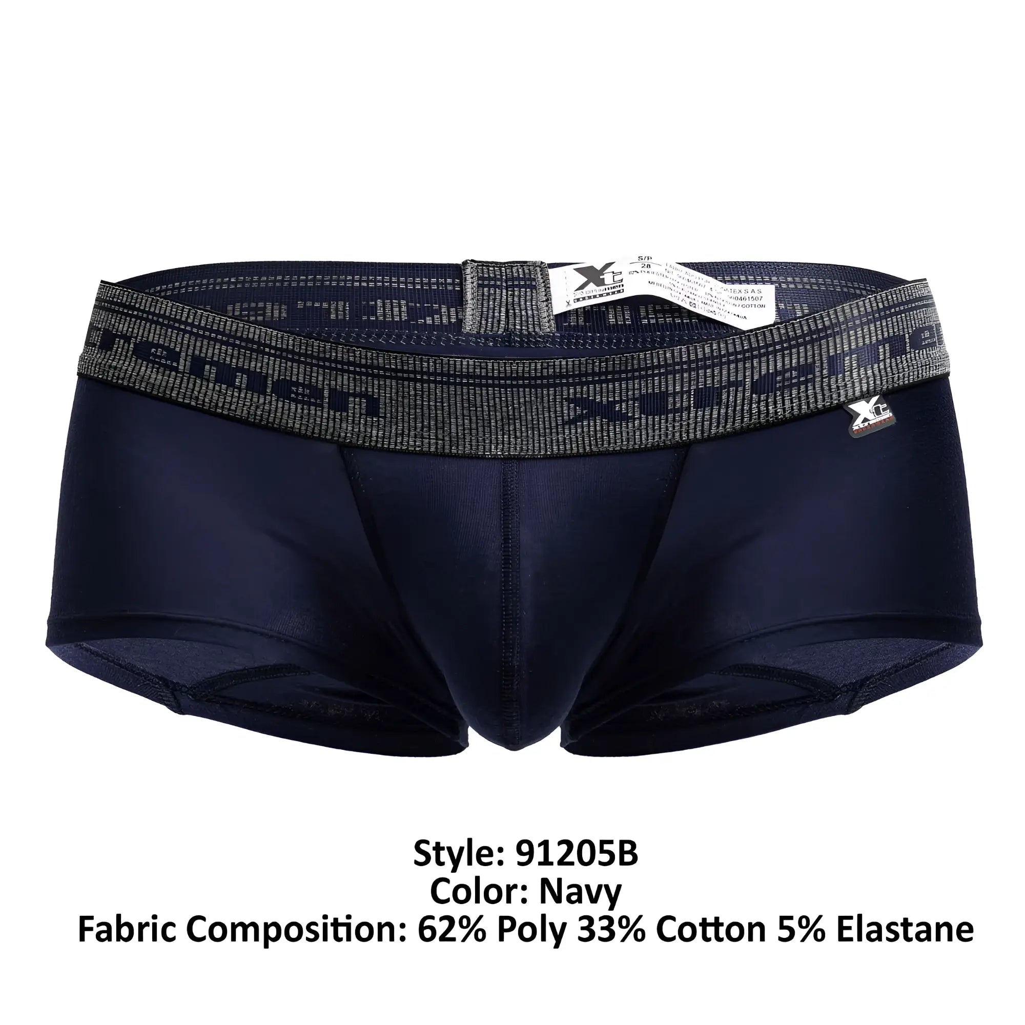 Navy xtremen 91205b cotton blend men’s briefs with gray elastic waistband featuring xcemen logo and text