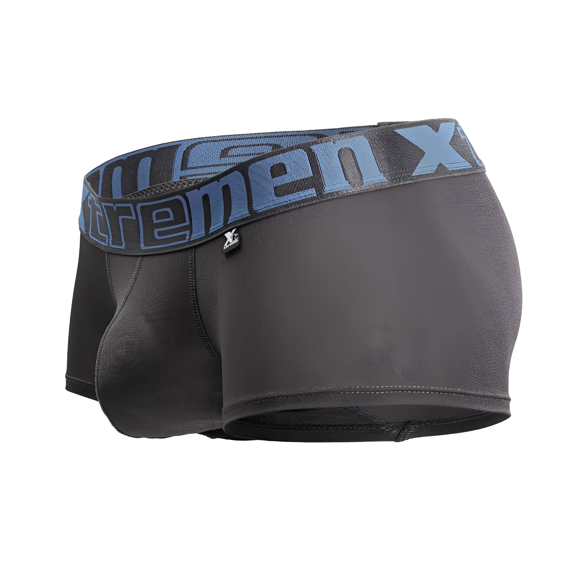 Gray microfiber boxer briefs for men with a blue and gray extreme x waistband in the xtremen 91206b style