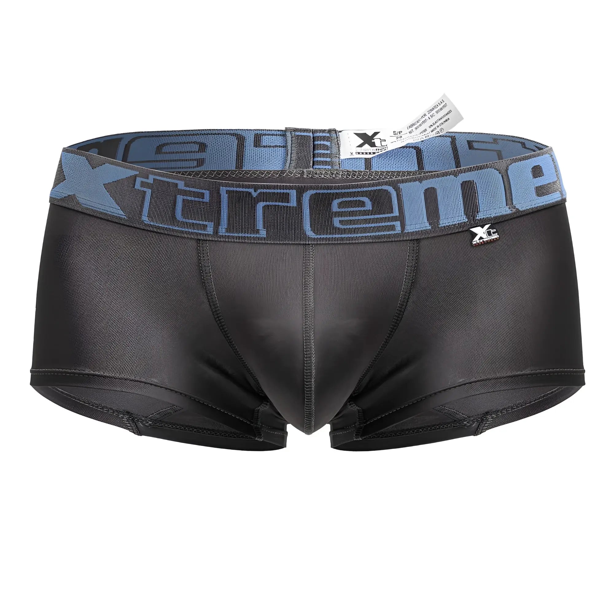 Black men’s gray microfiber trunks with a blue and gray xtreme branded waistband for comfortable wear