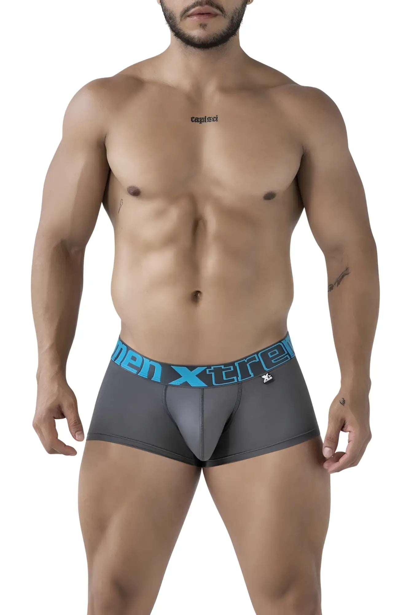 Gray xtremen 91206b microfiber boxer briefs with blue elastic waistband featuring men xtreme logo and brand emblem