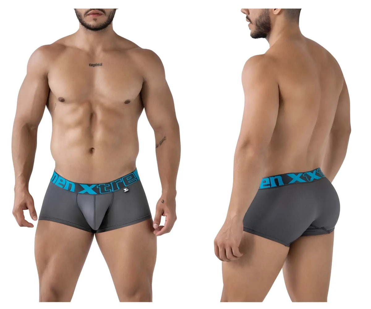 Gray xtremen 91206B microfiber men’s boxer briefs with a teal elastic waistband featuring the xtreme logo