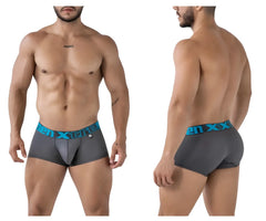 Gray xtremen 91206B microfiber men’s boxer briefs with a teal elastic waistband featuring the xtreme logo