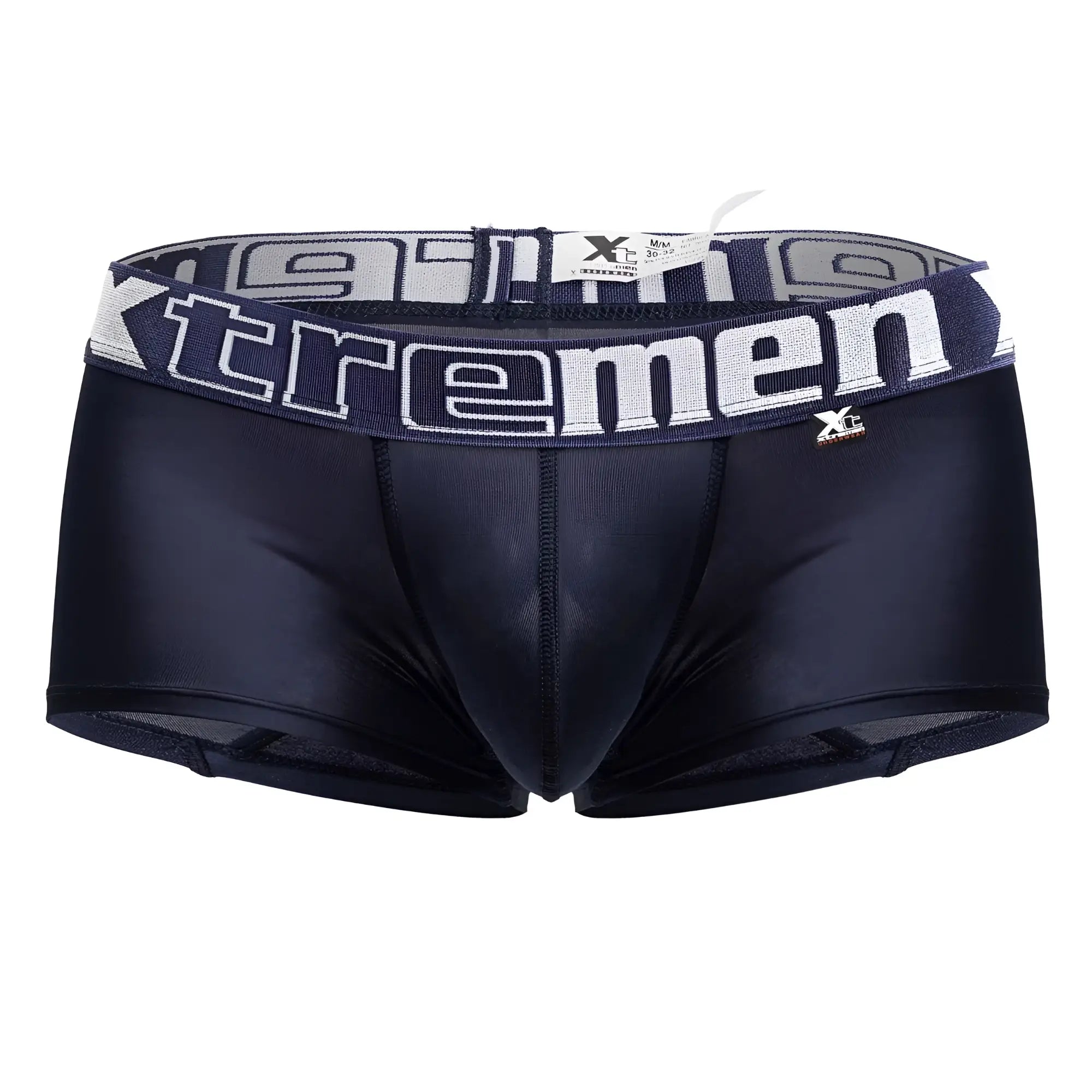 Black xtremen 91206b microfiber men’s briefs in navy with gray and white branded waistband shown from the back