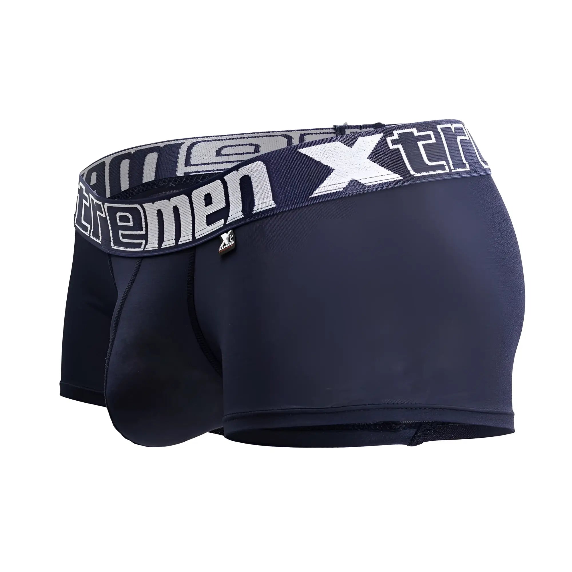 Navy blue xtremen 91206b microfiber men’s boxer briefs with white and gray logo waistband visible from the front