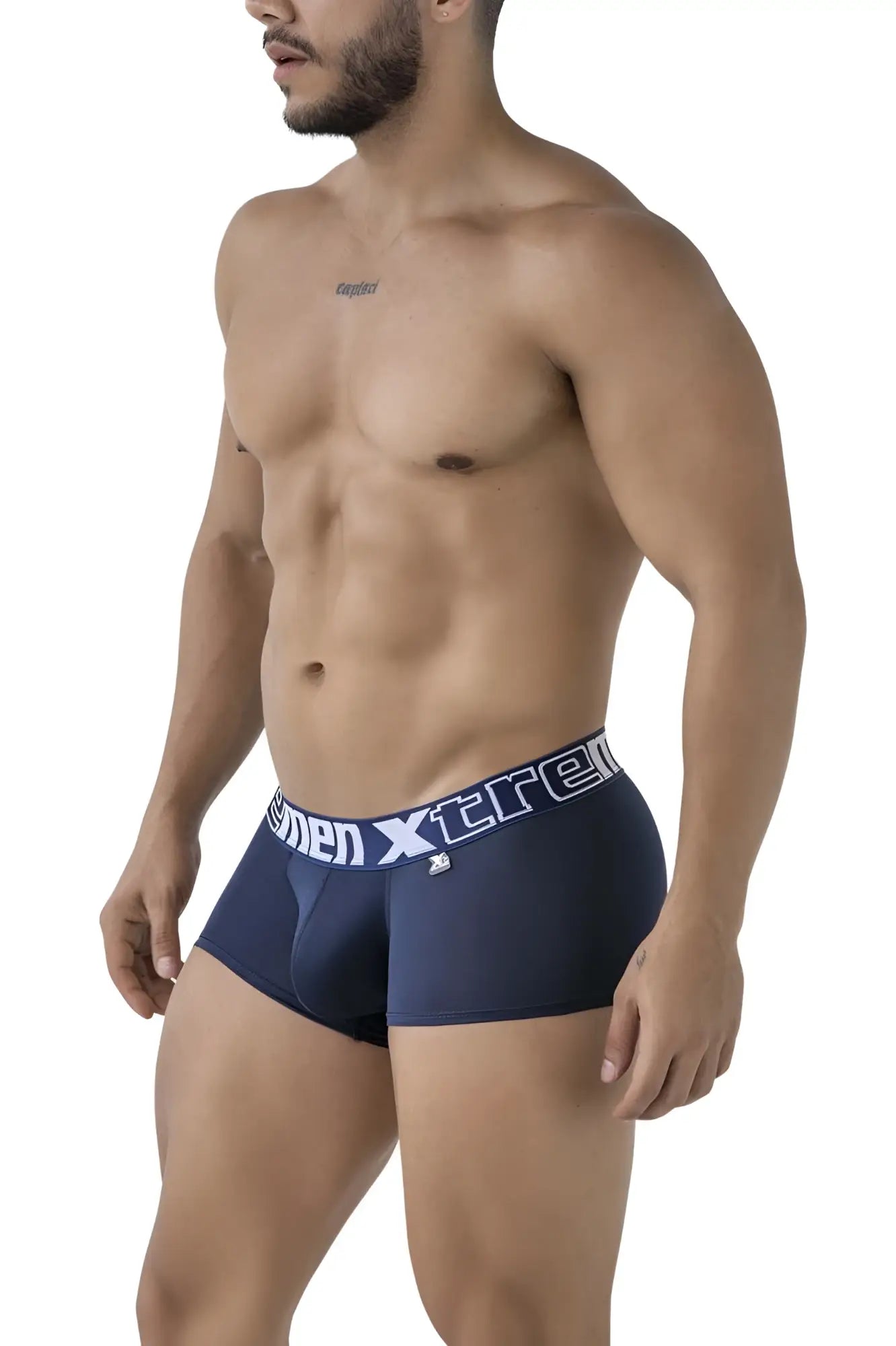 Navy xtremen 91206b microfiber men’s boxer briefs with white xtreme branding on waistband front view