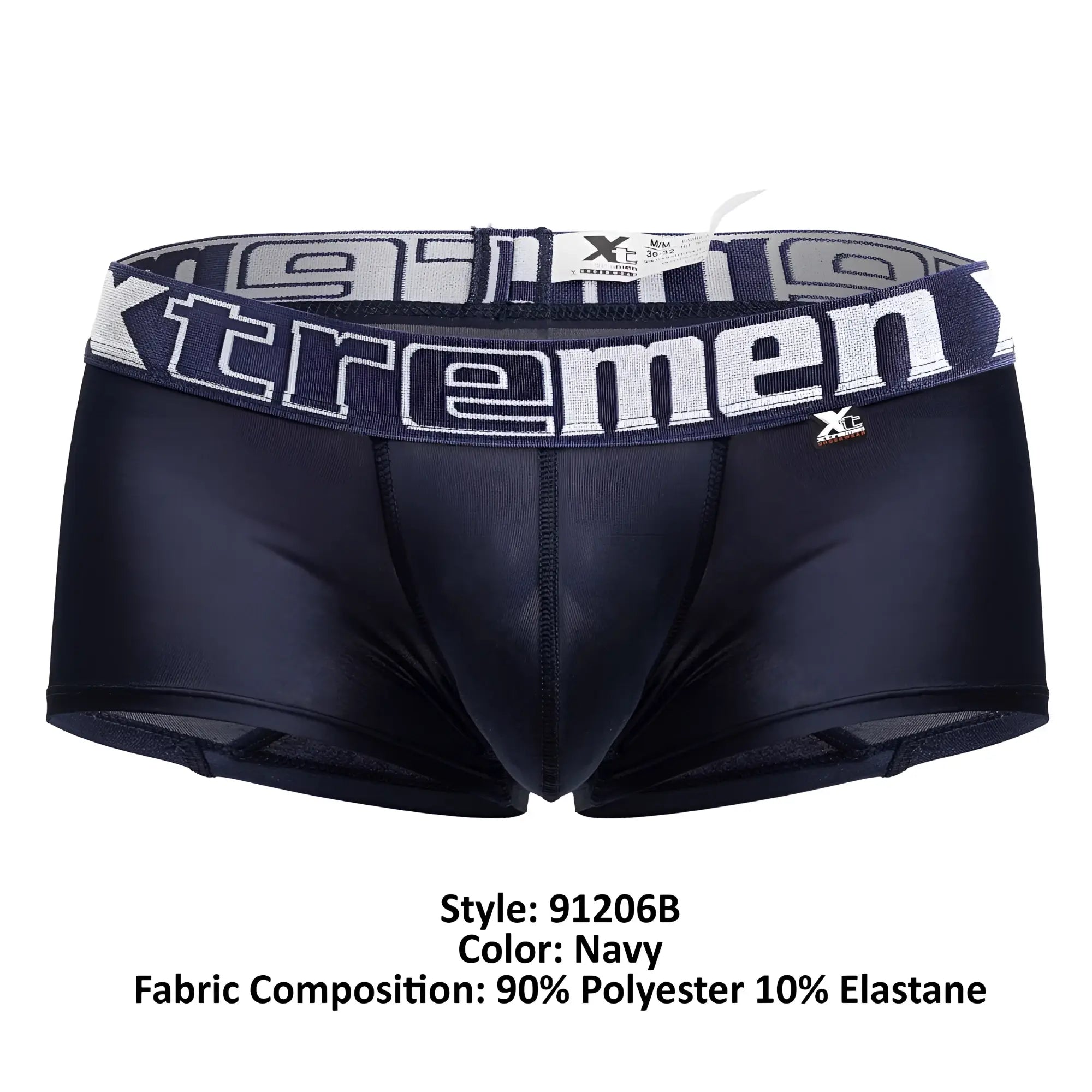 Navy xtremen 91206b microfiber trunks with textured waistband featuring xtremen logo in white and gray lettering