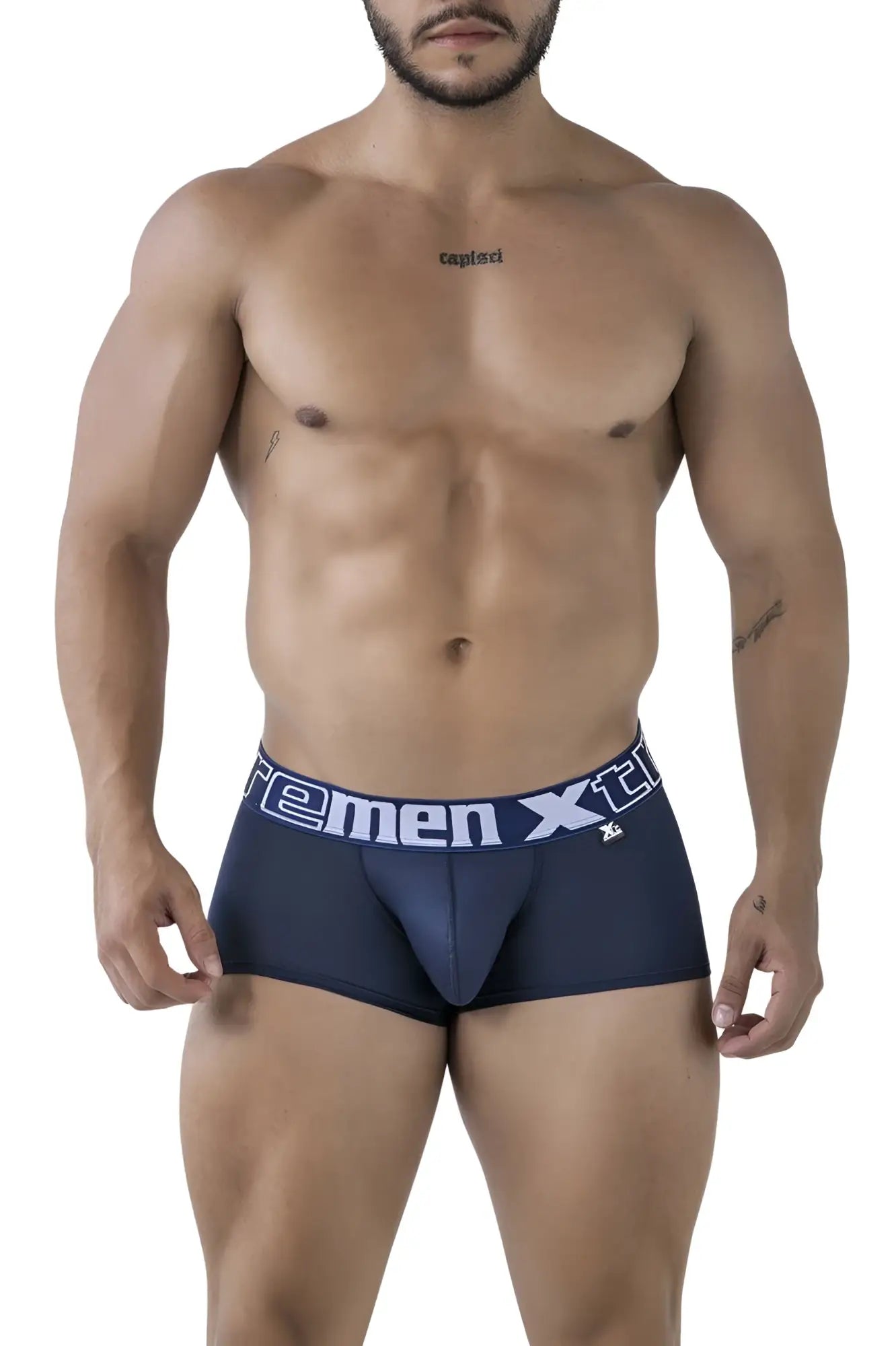 Navy blue xtremen 91206b microfiber men’s briefs with white elastic waistband and xtreme logo on front waistband