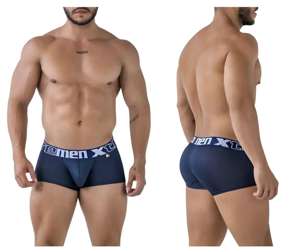 Navy xtremen 91206b microfiber men’s briefs with white xtreme men branding on waistband front view