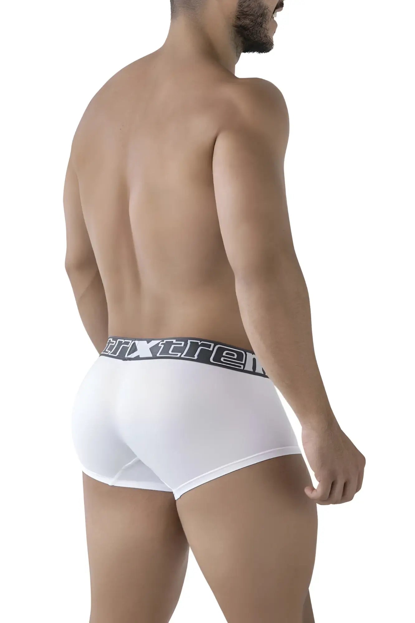 White xtremen 91206b microfiber trunks with black and gray elastic waistband featuring extrem logo