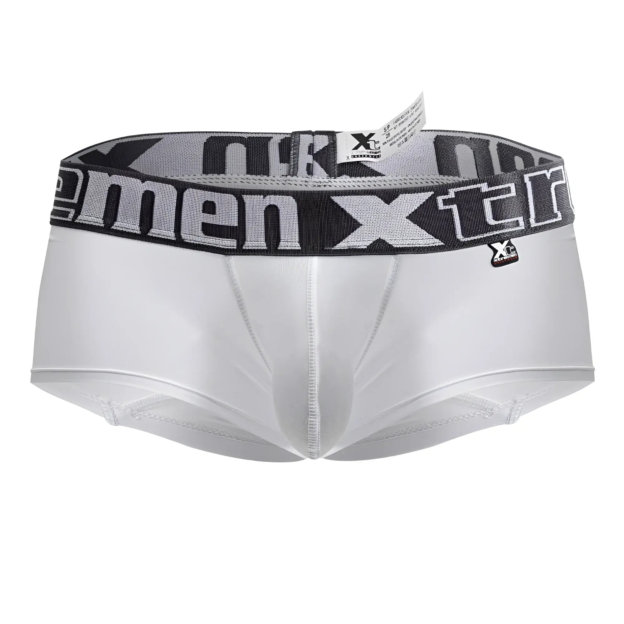 White xtremen 91206b microfiber men’s briefs with gray and black elastic waistband featuring xtreme logo