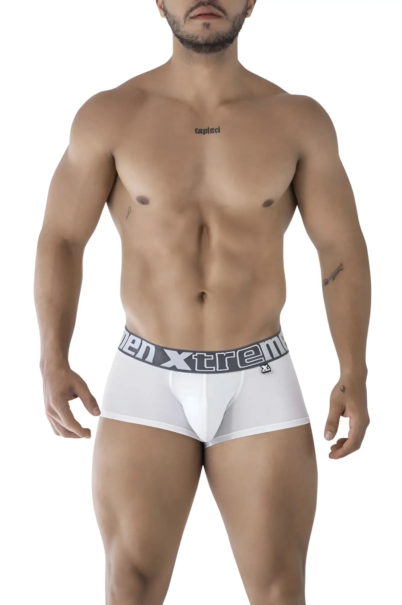 White men’s microfiber briefs with gray elastic waistband featuring men xtreme logo and brand emblem