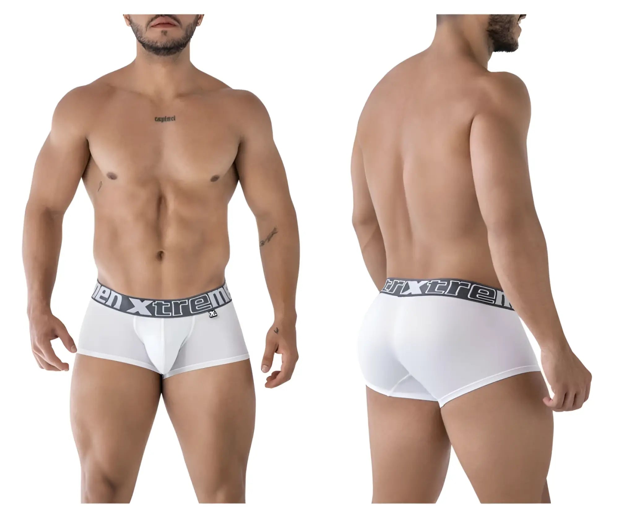 White mens microfiber briefs with gray elastic waistband featuring xtreme brand logo for comfortable wear
