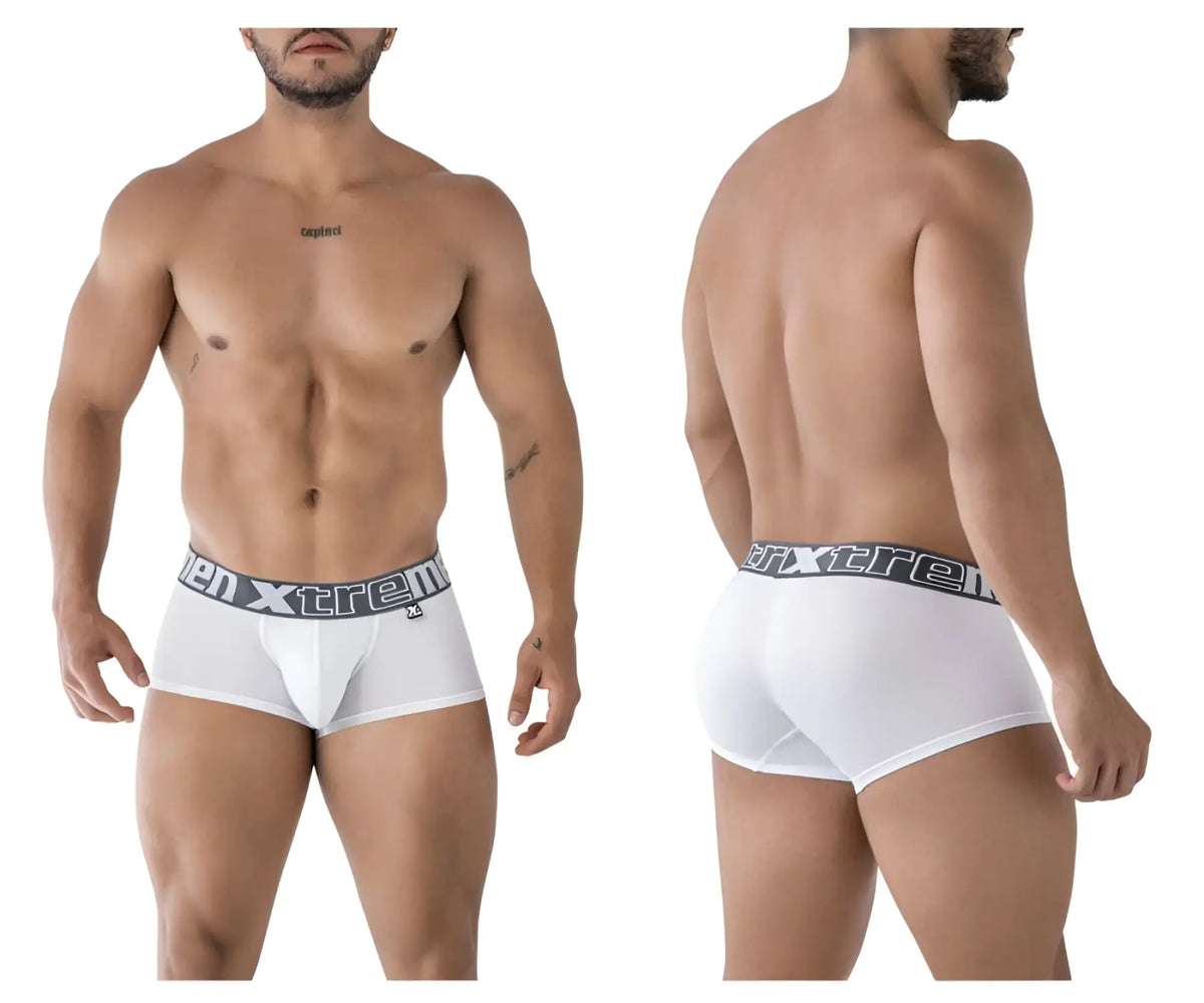 White mens microfiber briefs with gray elastic waistband featuring xtreme brand logo for comfortable wear