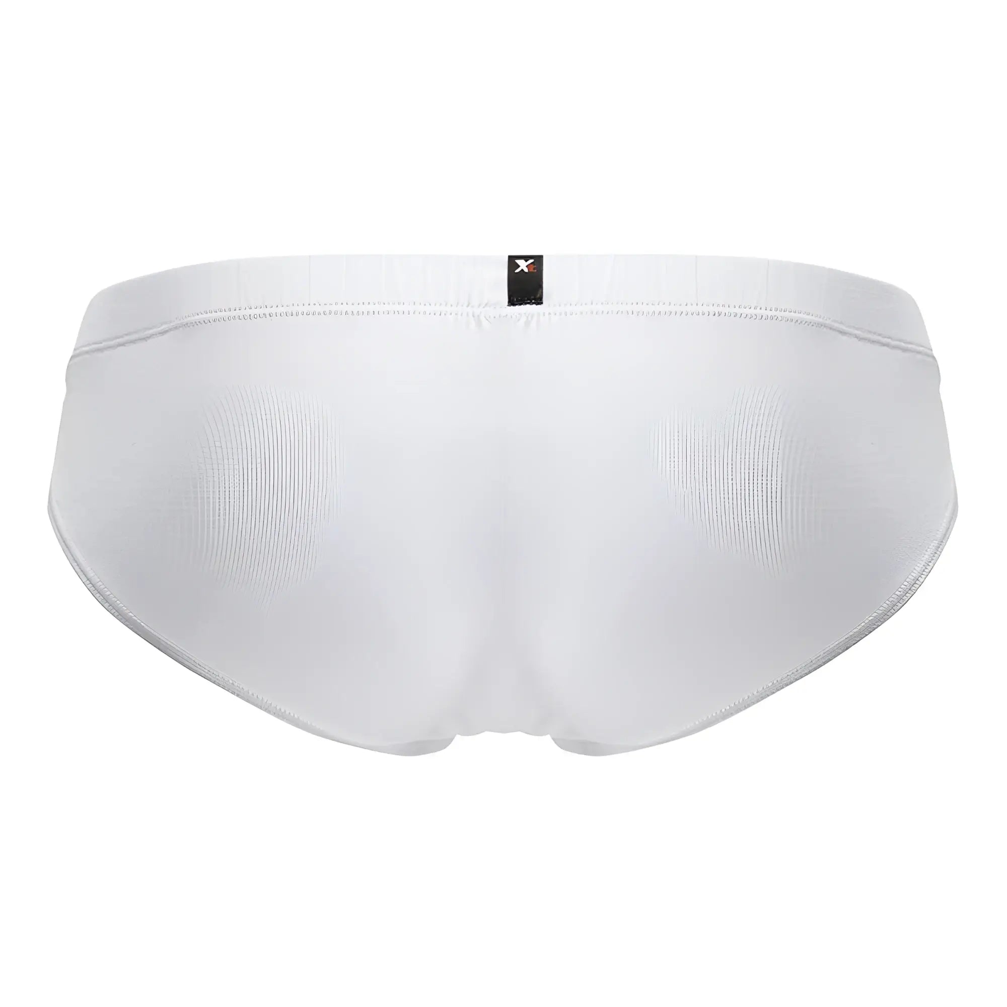 White Xtremen 91207B microfiber briefs with ribbed texture and small black brand tag at the waistband