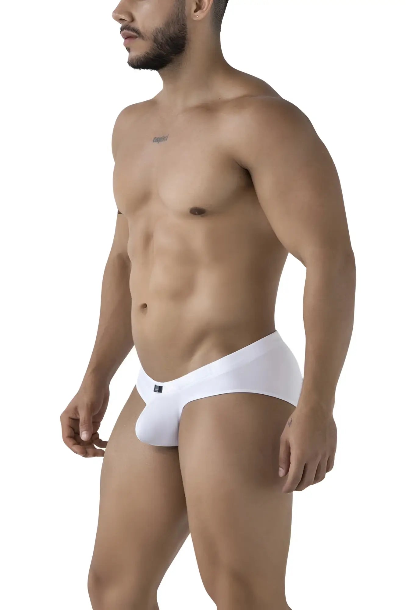 White xtremen 91207b microfiber briefs with a sleek form-fitting design and small black logo on the left hip