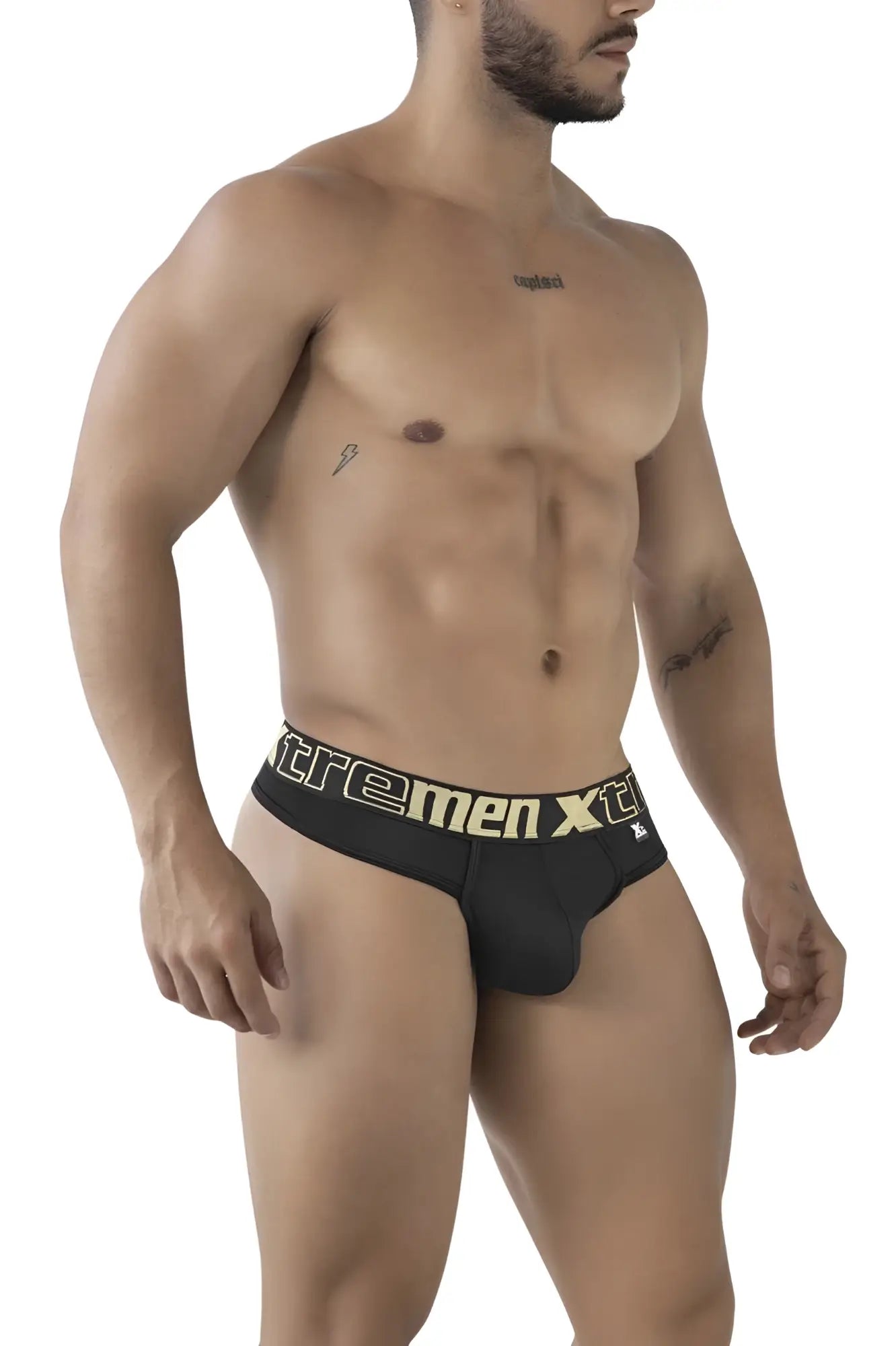 Black xtremen 91208b microfiber briefs with gold and black extremen x logo on the waistband