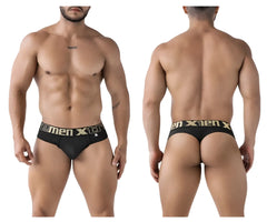 Black xtremen 91208b microfiber thongs with gold men xtr branding and small logo on the waistband