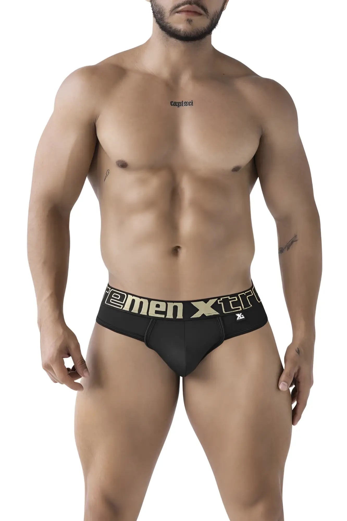 Black xtremen 91208b microfiber thongs with gold and white xtreme logo waistband in front view