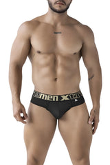 Black xtremen 91208b microfiber thongs with gold and white xtreme logo waistband in front view