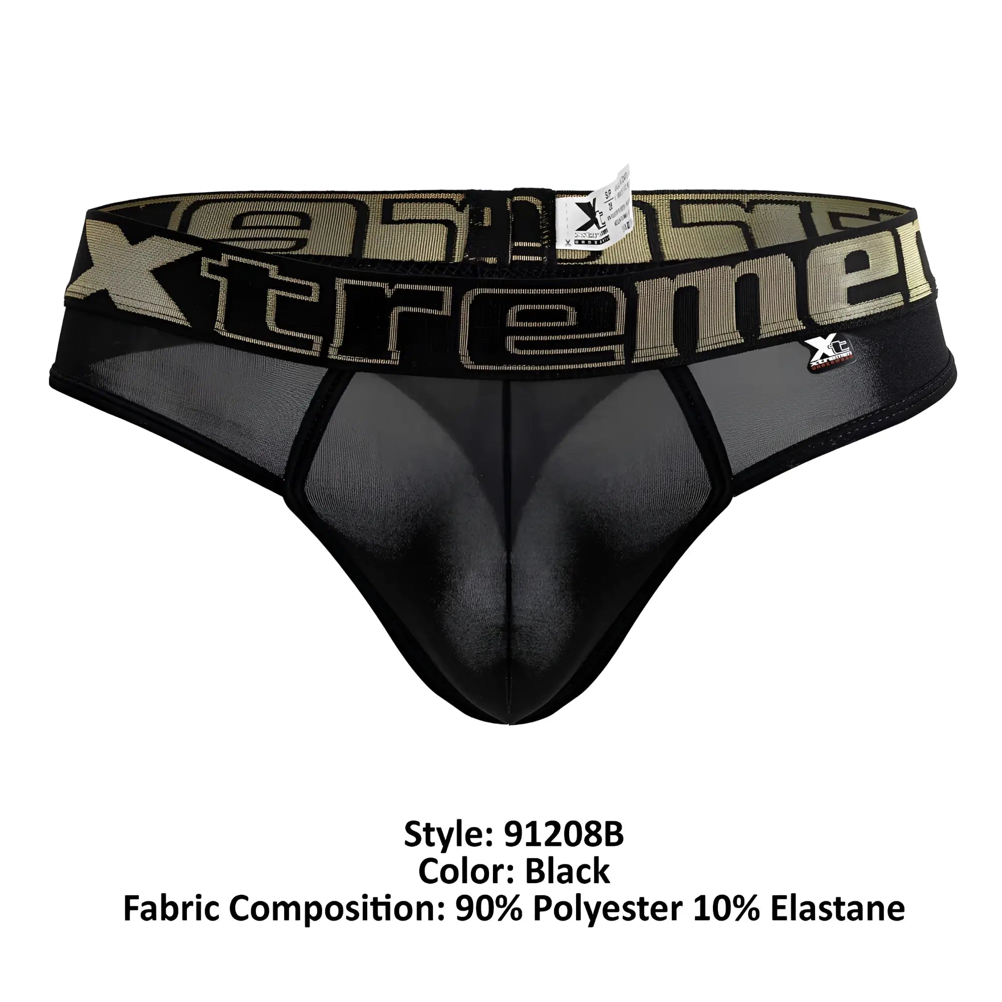 Black microfiber mesh briefs with bold xtreme logo band in olive green and black from xtremen 91208b collection