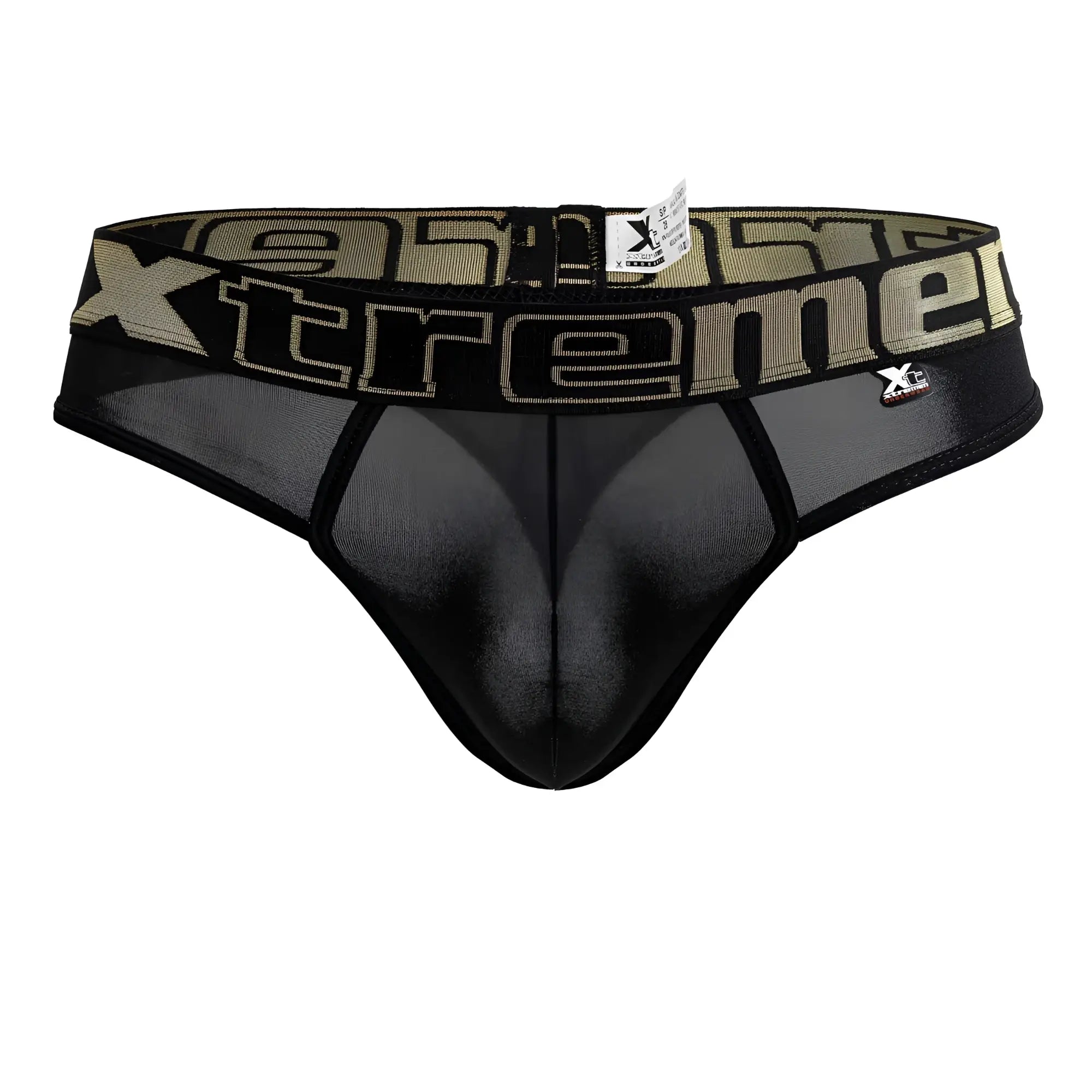 Black microfiber mesh thong with wide waistband featuring olive green xtreme branding xtremen 91208b