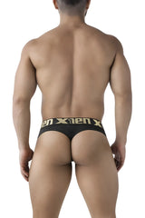 Black Xtremen 91208B microfiber thong with gold waistband lettering showing front side details