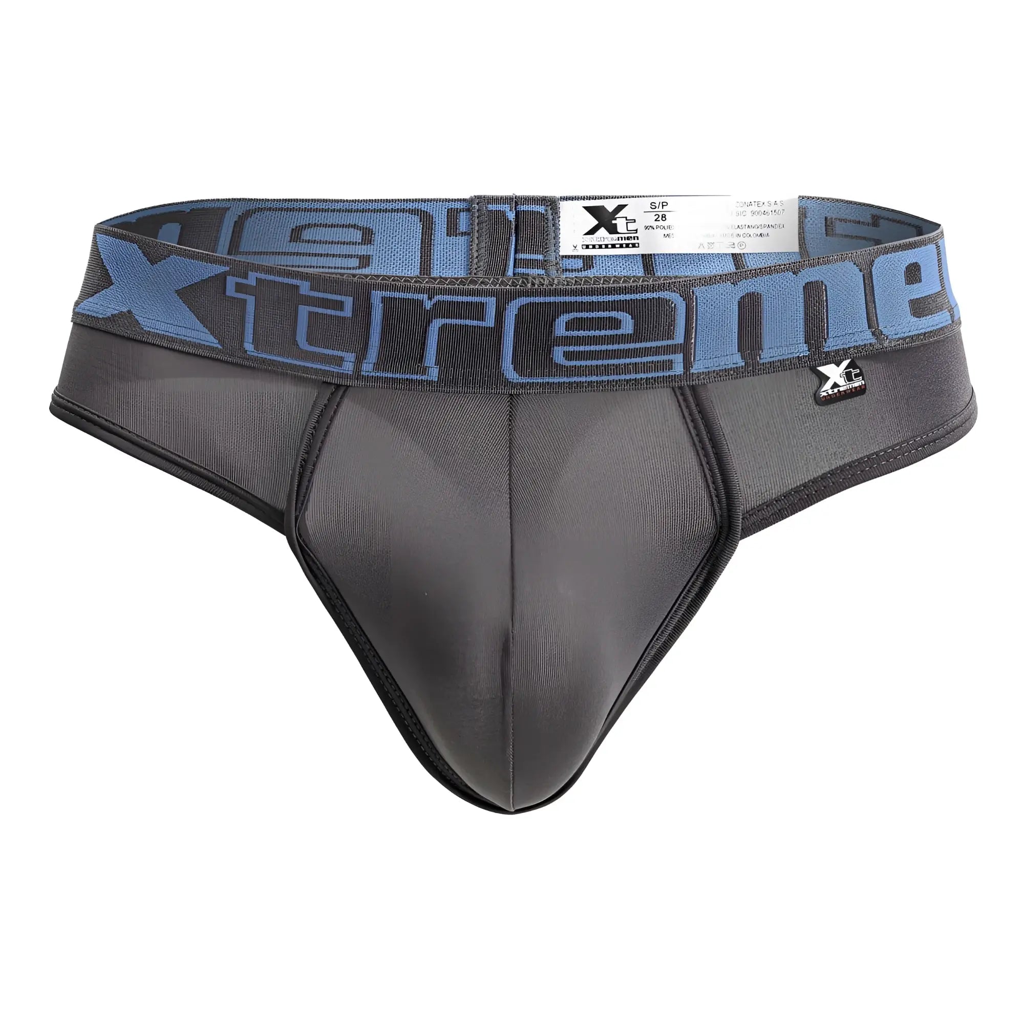 Black and blue Xtremen 91208B microfiber thong with gray textured fabric waistband featuring extreme logo in bold letters