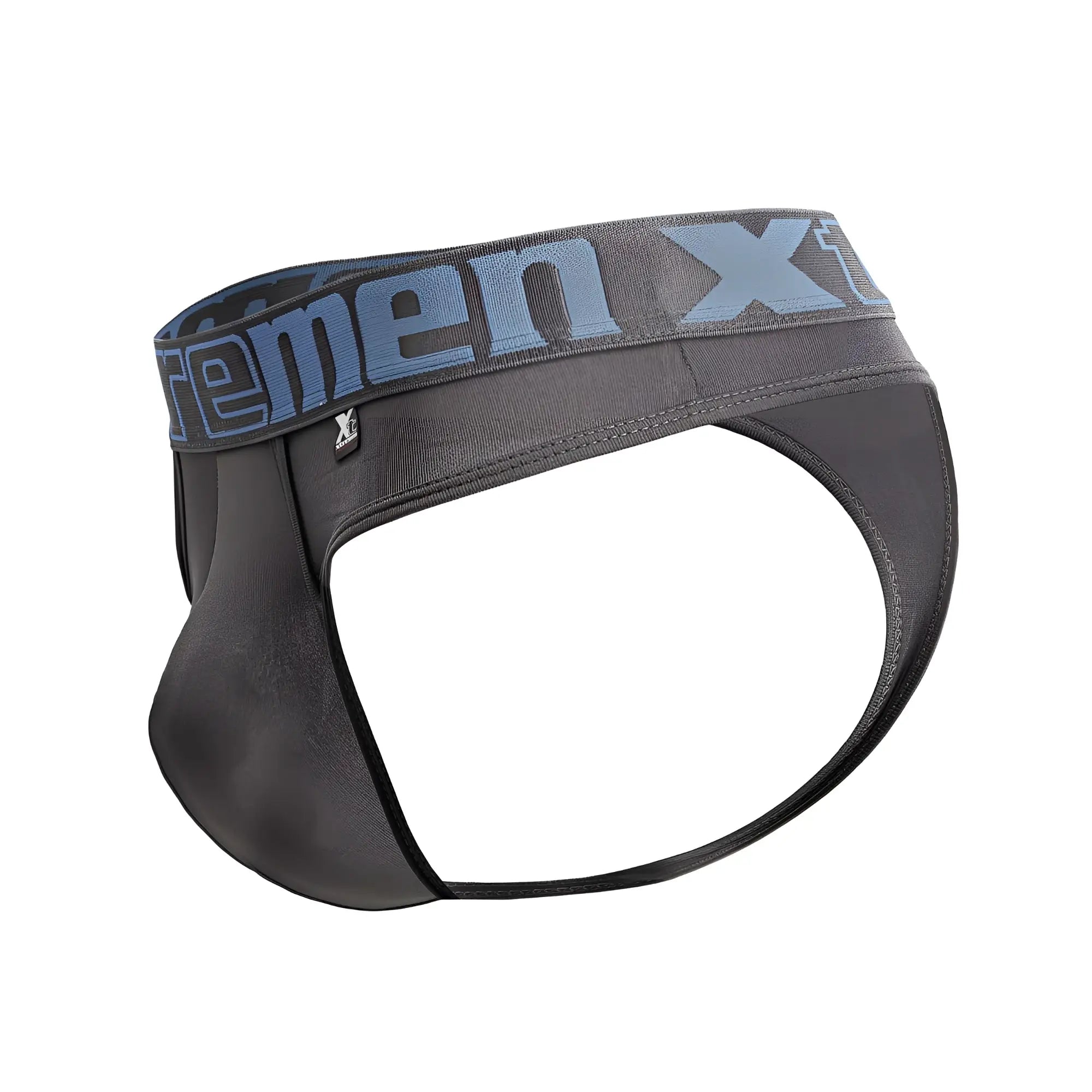 Black men’s briefs in gray microfiber with a gray waistband featuring the blue extreme x logo model xtremen 91208b