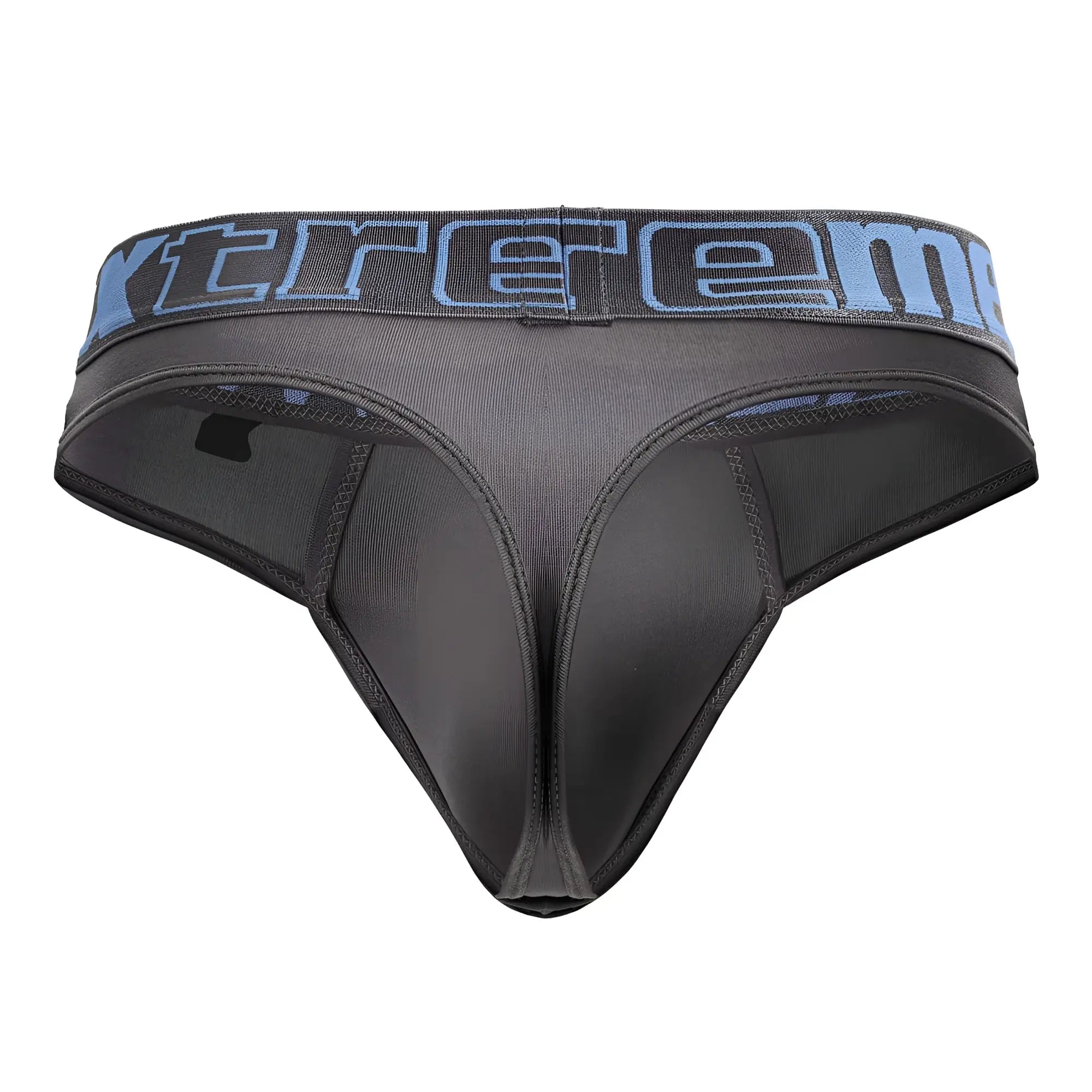 Gray microfiber Xtremen 91208B thong with black fabric and blue and gray extreme logo on waistband back side view