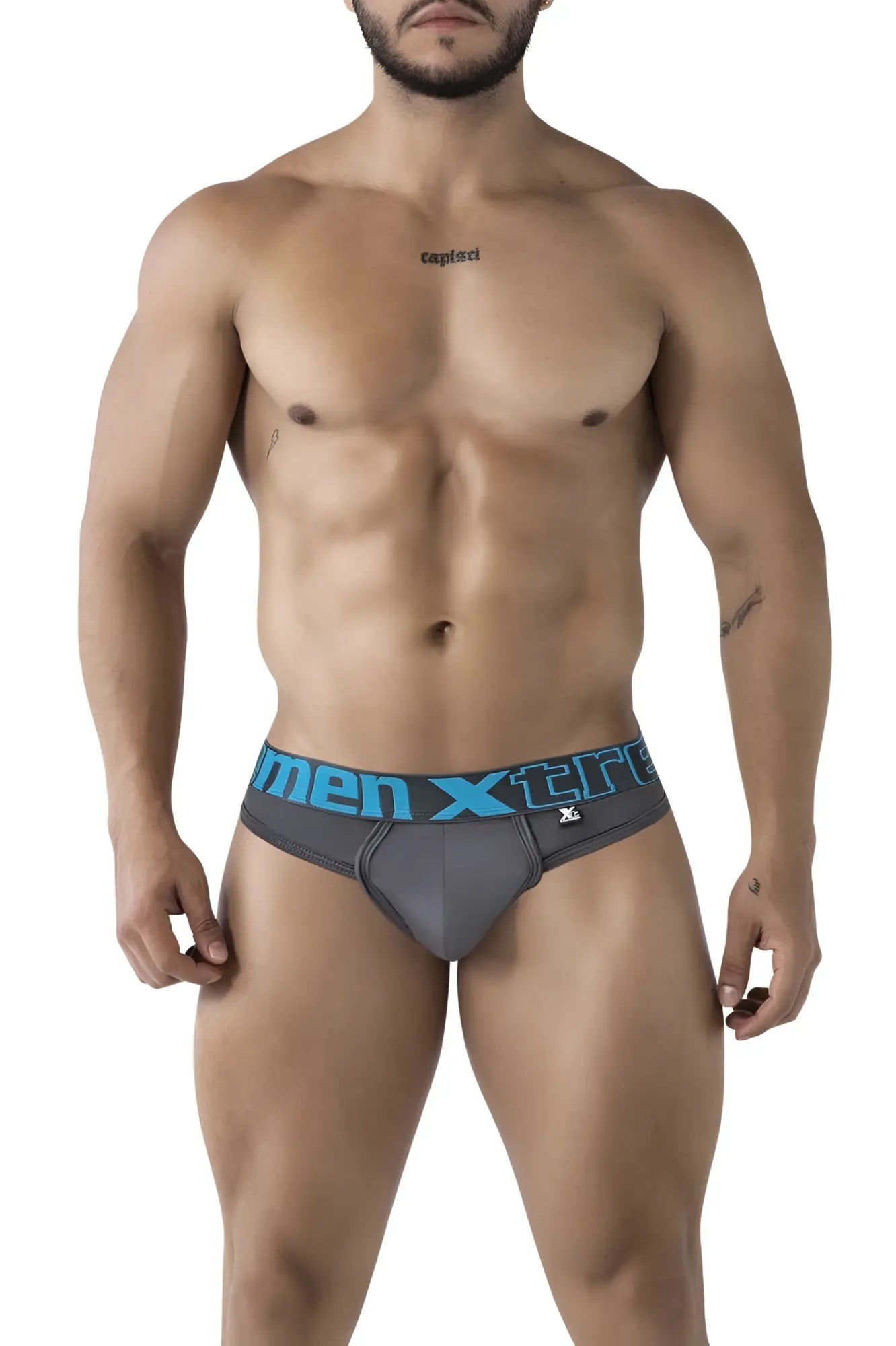 Gray men’s microfiber briefs with blue men xtre waistband and small side logo for comfortable everyday wear