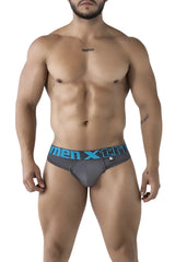 Gray men’s microfiber briefs with blue men xtre waistband and small side logo for comfortable everyday wear