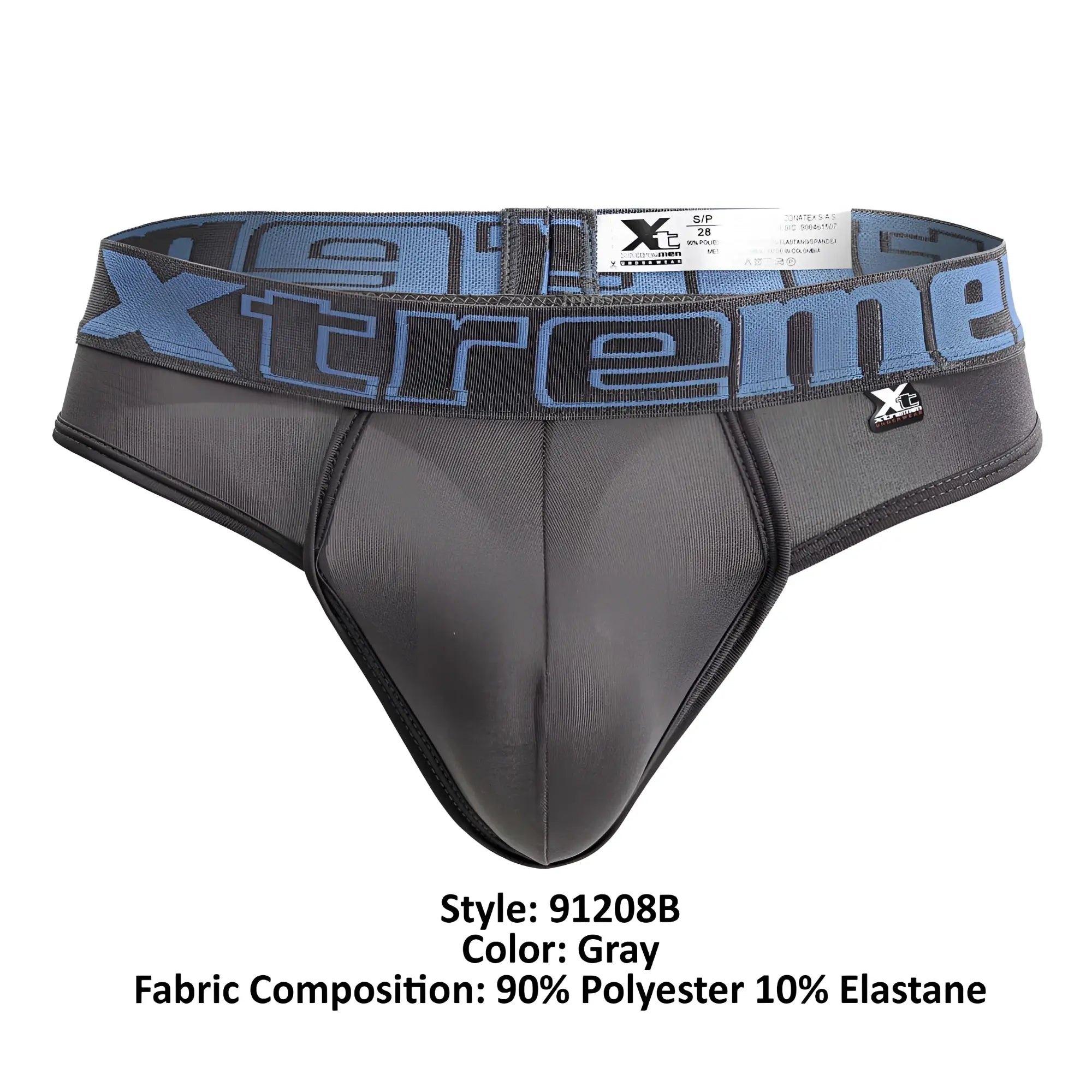 Gray Xtremen 91208B microfiber men’s thong with blue and black xtreme waistband made of polyester and elastane