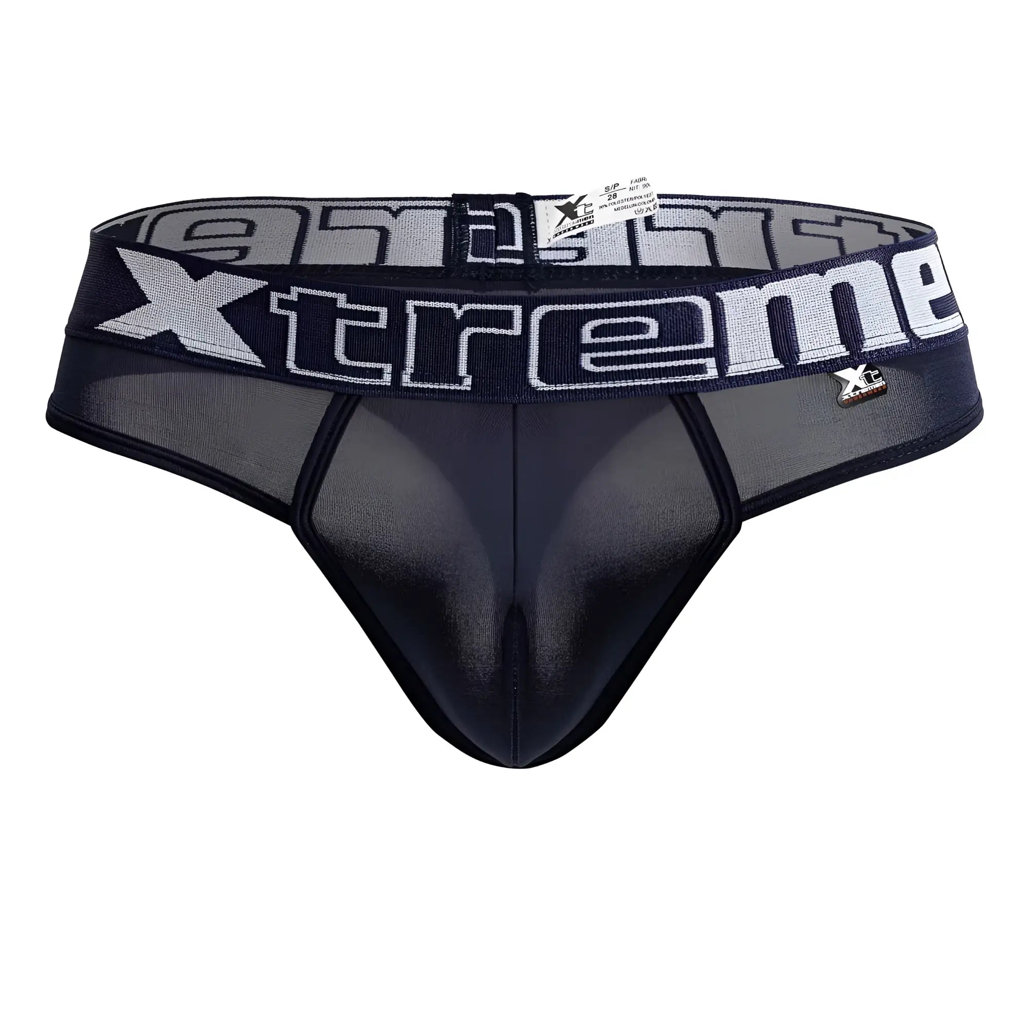 Black and gray mesh briefs with bold xtreme logo on waistband in microfiber navy xtremen 91208b thongs design