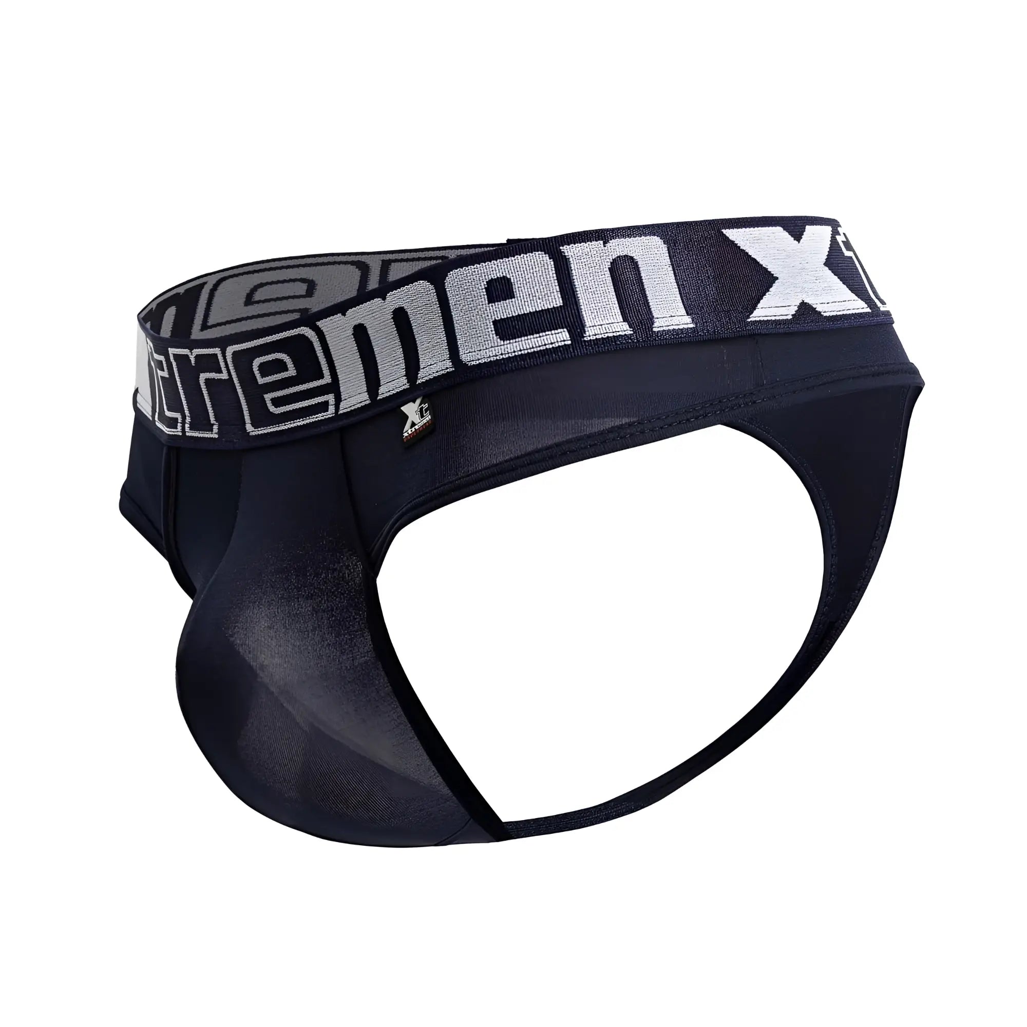 Black men’s navy microfiber thongs with gray and white xtremen x logo band for comfortable everyday wear