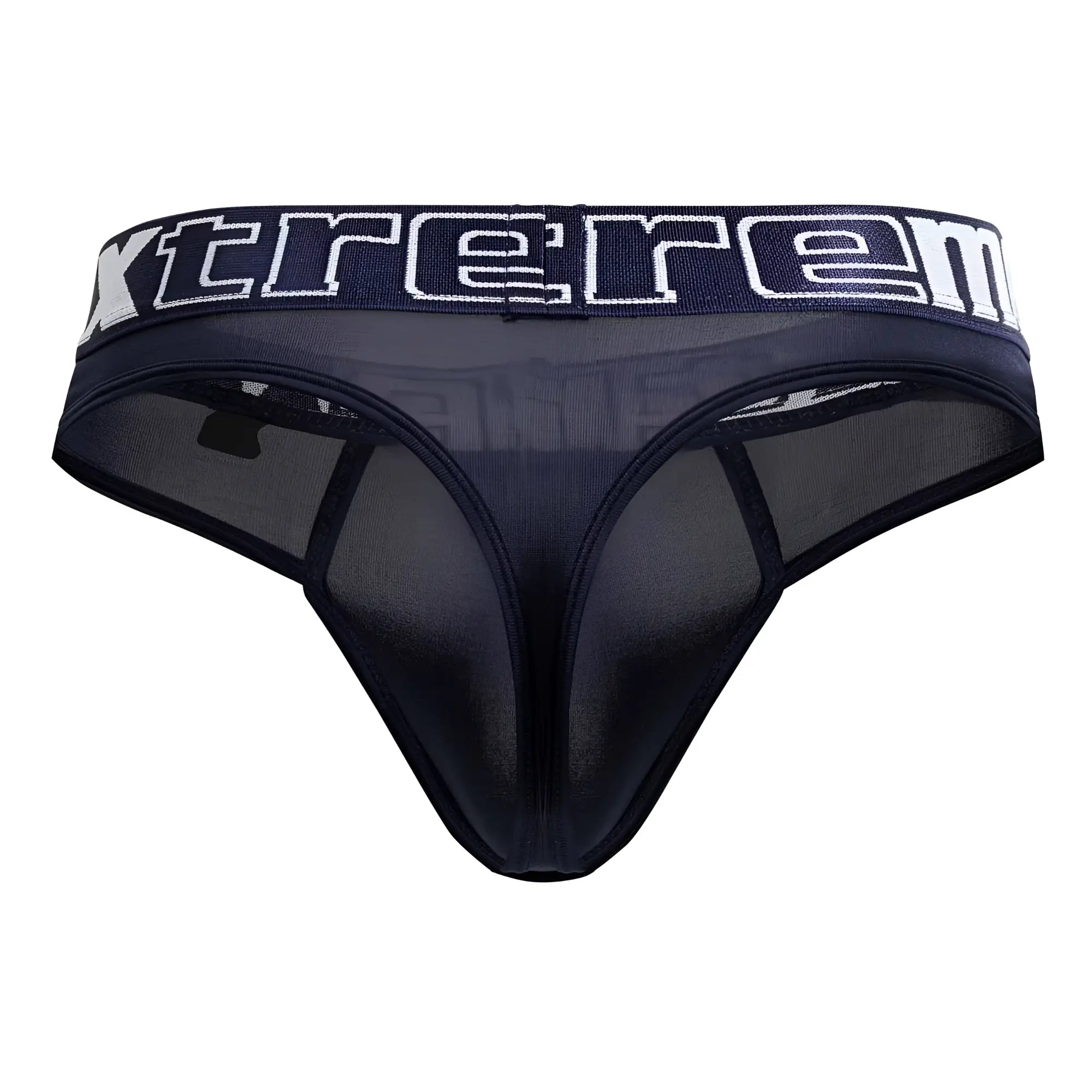 Black sheer mesh microfiber thong with wide waistband featuring xtreme lettering in navy color front view