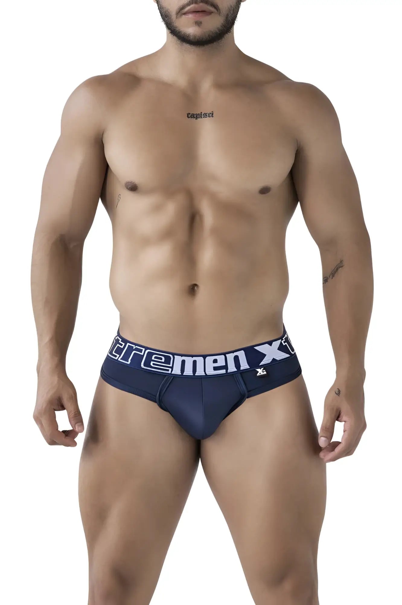 Navy blue xtremen 91208b microfiber men’s briefs with white and gray extreme x branding on the waistband