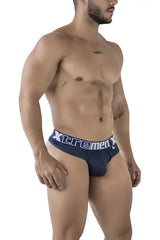 Navy blue Xtremen 91208B microfiber men’s briefs with white waistband lettering showing the back side